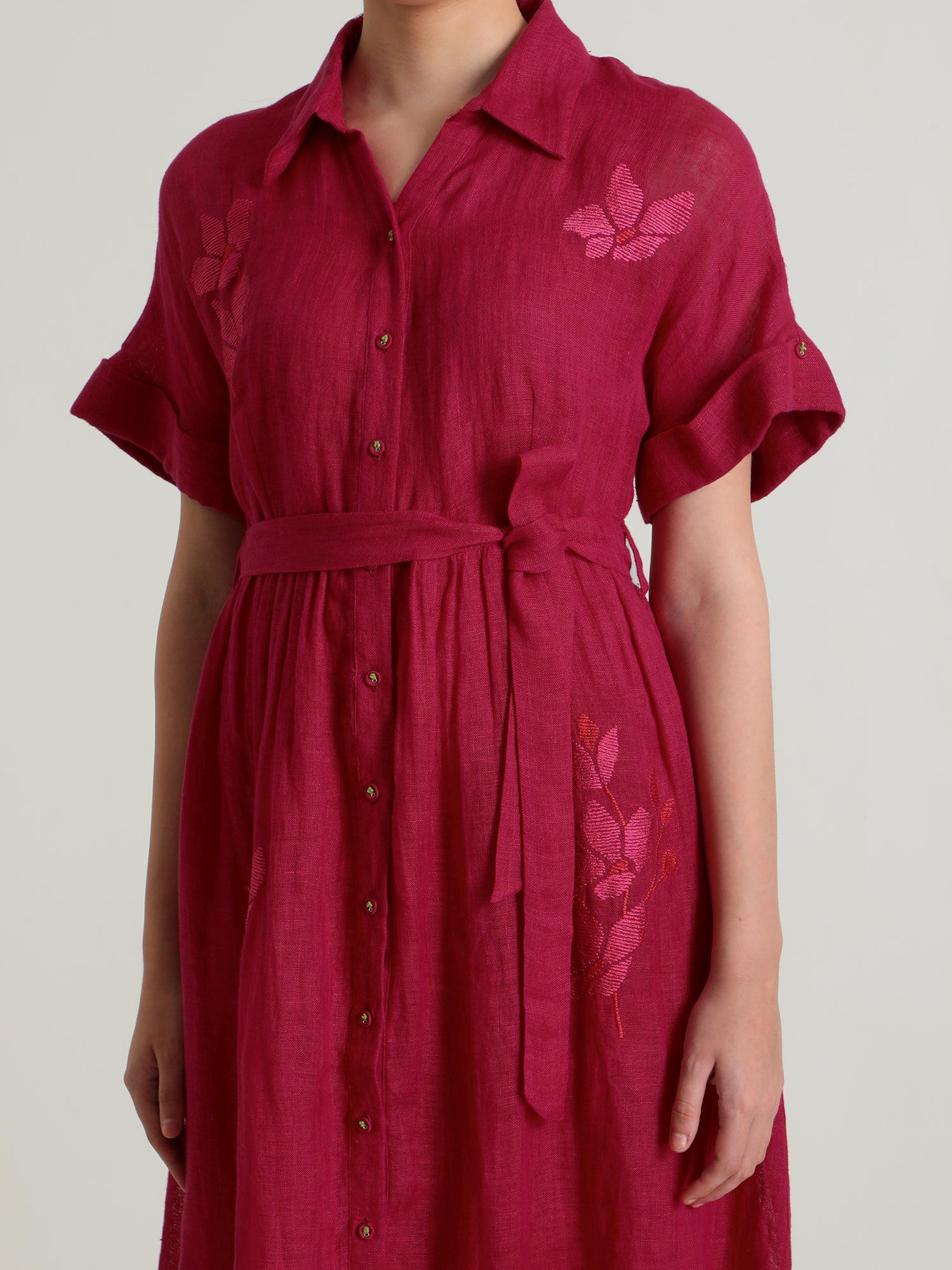Drop Shoulder Carnation Embroided Dress in Gauze Linen