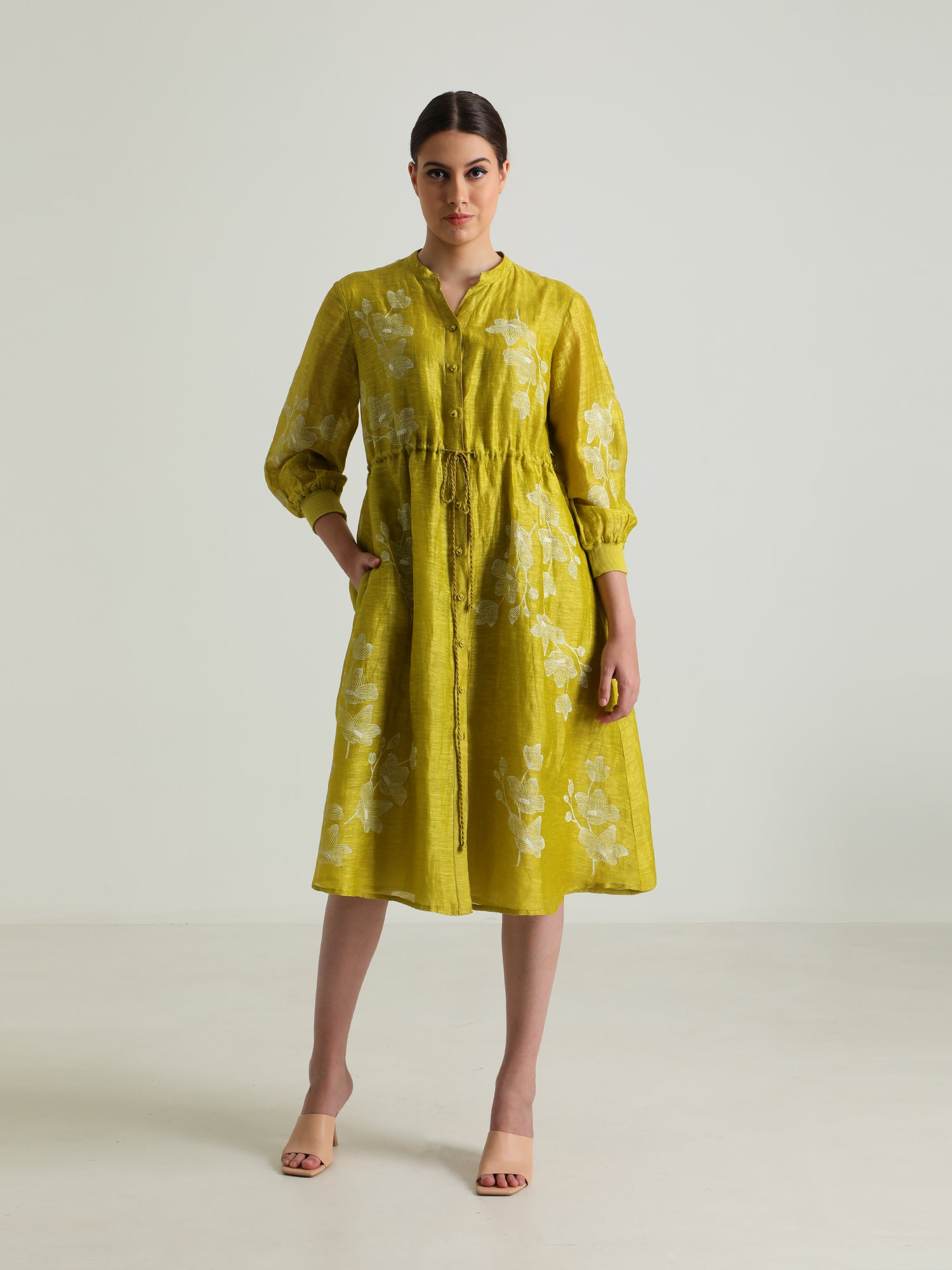 Chartruese Dress with Carnation Print In Silk Chanderi