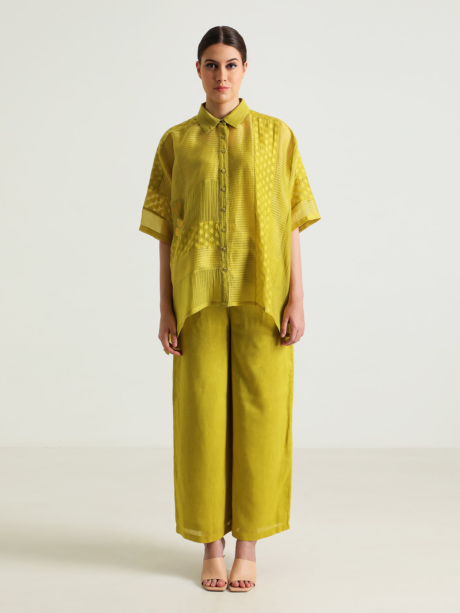 Chartruese Lace Shirt with Linen Wide leg Pants