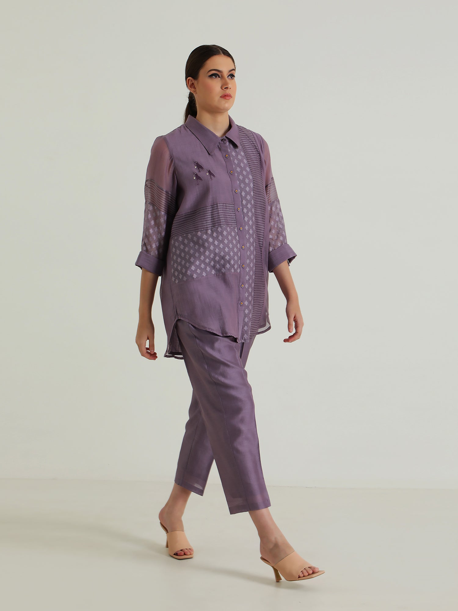 Mauve Lace Shirt with Embroidery and Straight Pant in Silk Chanderi
