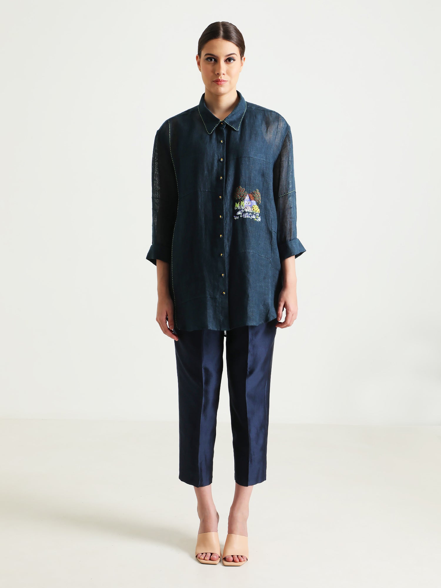 Indigo Country Shirt in Gauze Linen with Embroidery and Straight Pant in Silk Chanderi