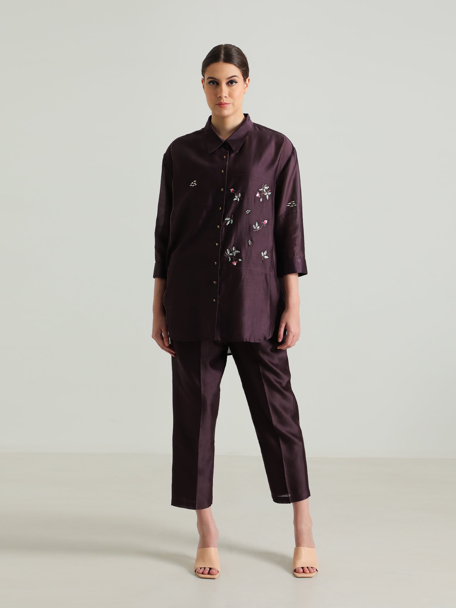 Lavender Pin Tuck Shirt in Silk Chanderi with Embroidery and Straight Pants in Silk Chanderi