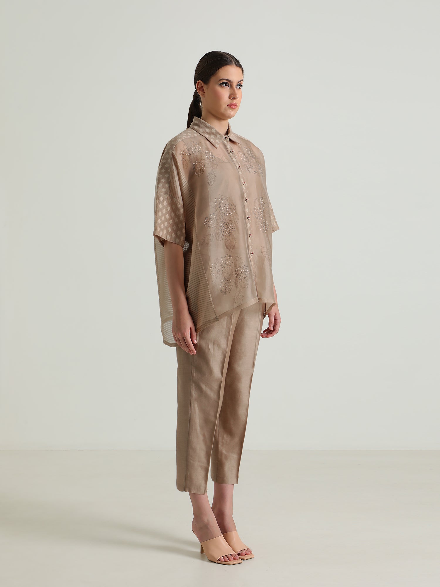 Beige Organza Lace Shirt and Straight Pant in Silk Chanderi