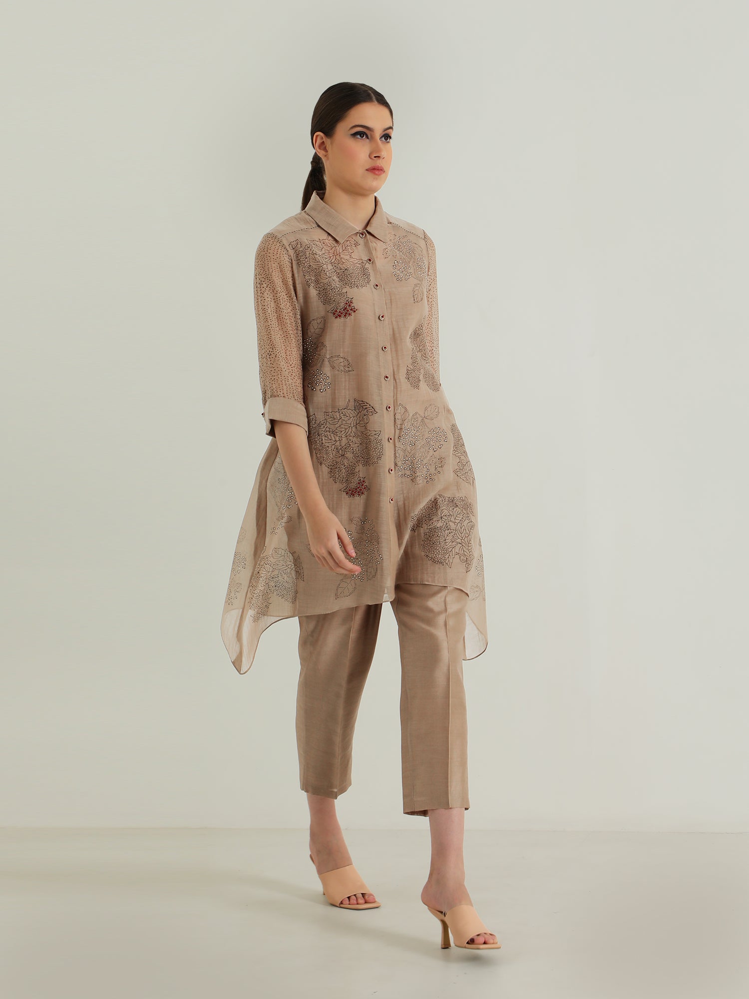 Cotton Chanderi Shirt with Embroidery and Straight Pant in Silk Chander