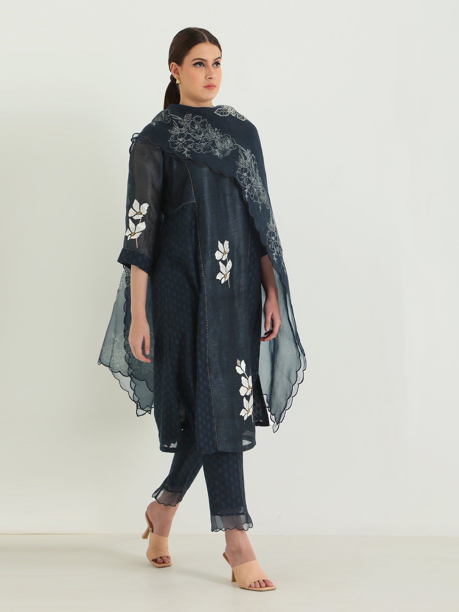 INDIGO TUNIC IN BROCADE AND SILK CHANDERI WITH EMBROIDERY & STRAIGHT PANTS IN BROCADE