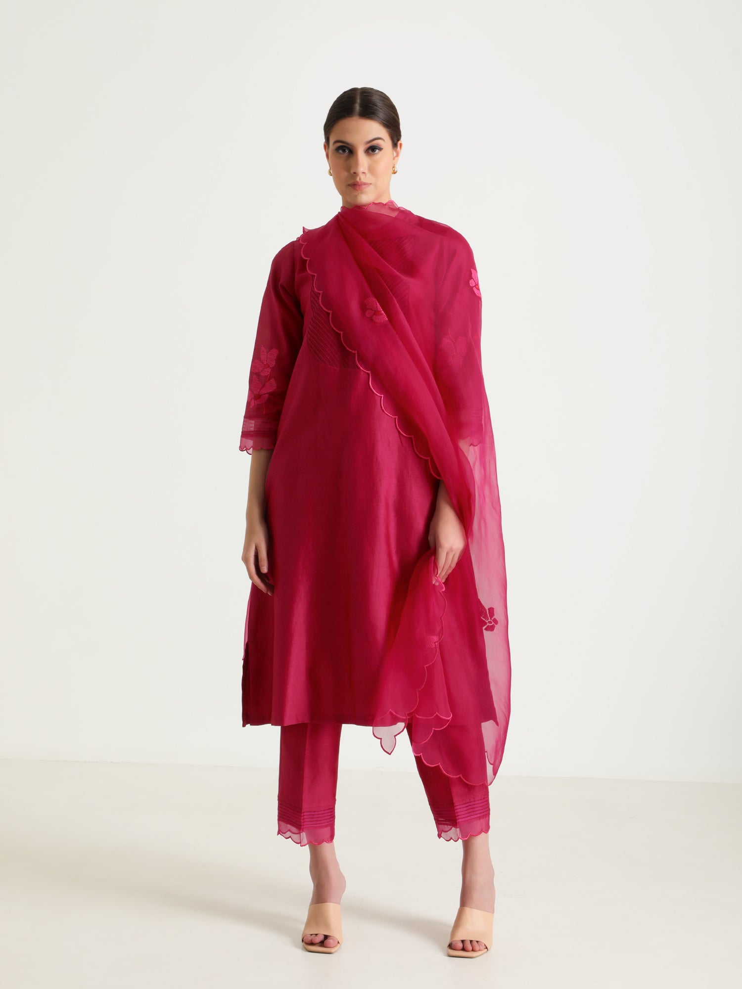FUCHSIA TUNIC IN SILK CHANDERI WITH EMBROIDERY ON SLEEVES & SILK CHANDERI PANTS