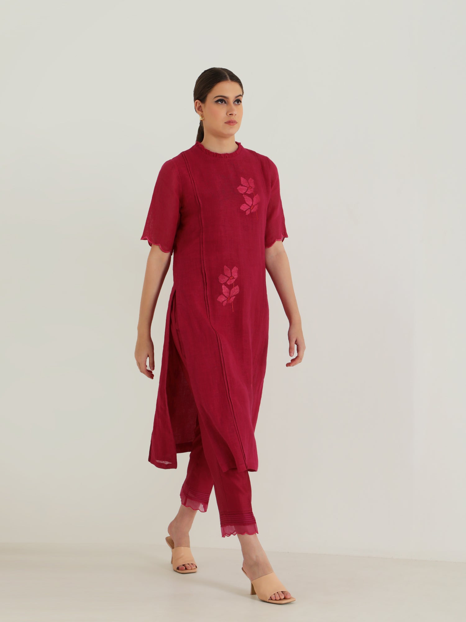 FUCHSIA TUNIC IN GAUZE LINEN WITH CARNATION EMBROIDERY & SILK CHANDERI PANTS