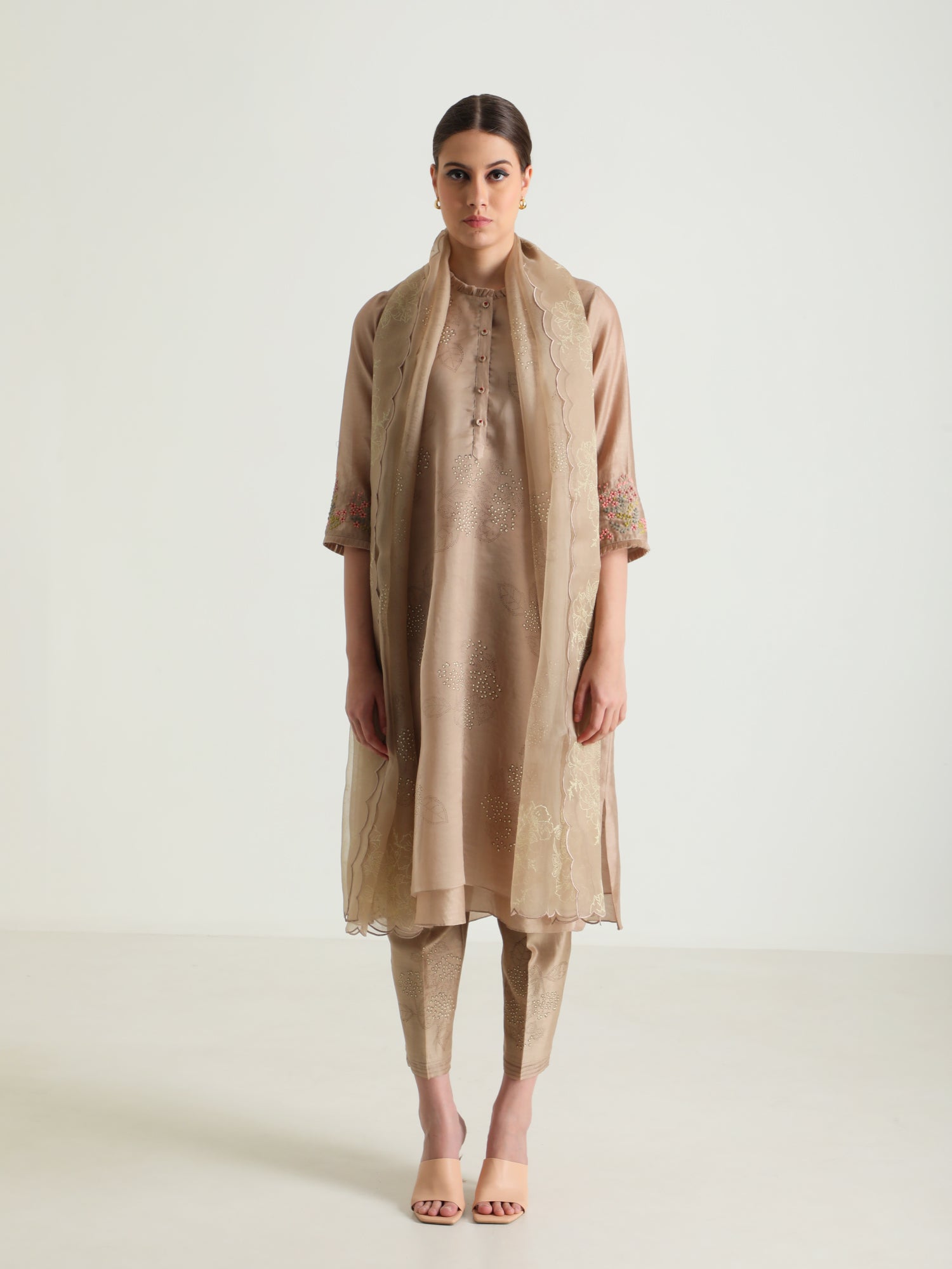 BEIGE DOUBLE LAYER TUNIC WITH EMBROIDERY ON SLEEVE & SILK CHANDERI PANT