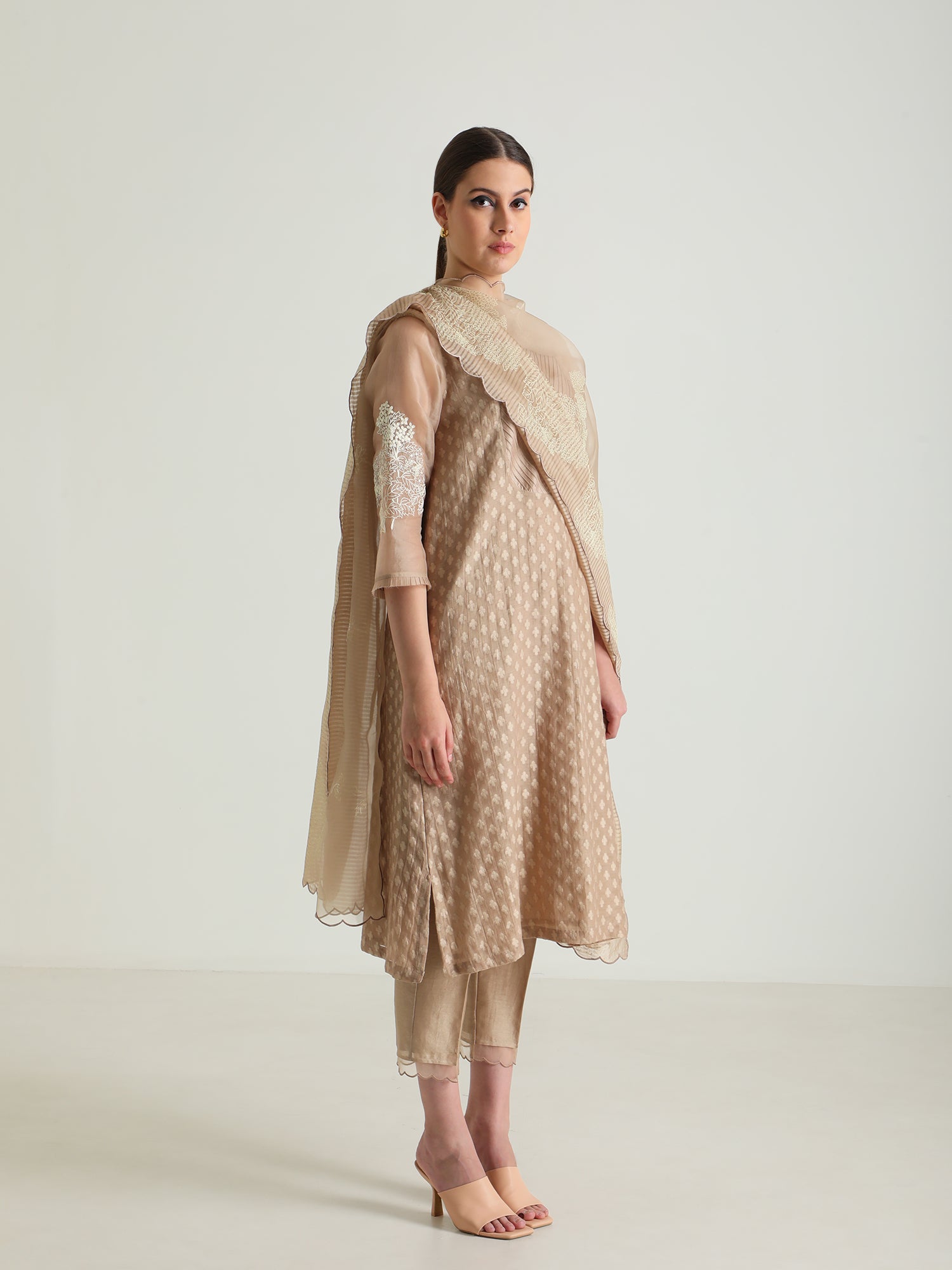 BEIGE TUNIC IN BROCADE WITH EMBROIDERY AND SILK CHANDERI PANT