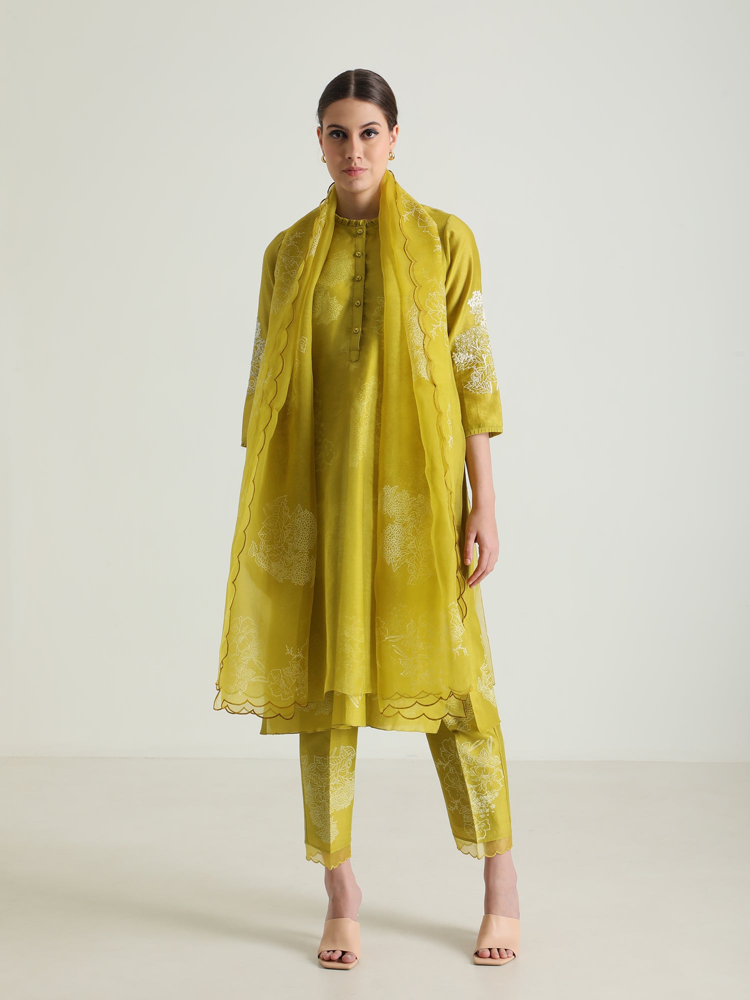 PRINTED CHARTRUESE DOUBLE LAYER TUNIC WITH EMBROIDERY & PRINTED SILK CHANDERI PANT