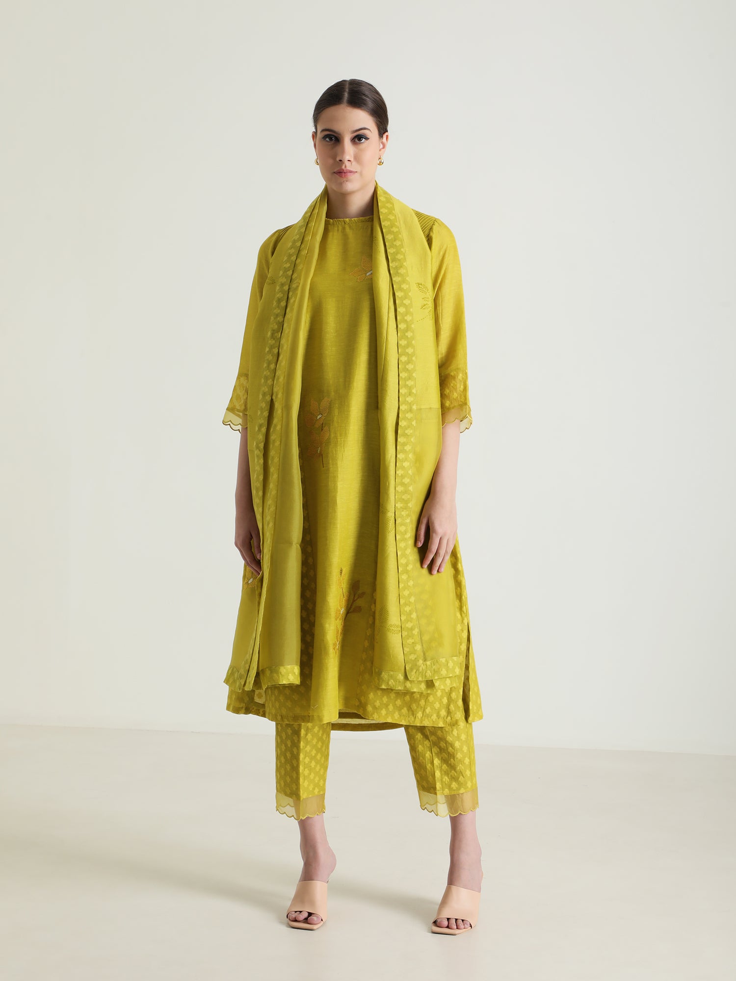 CHARTRUESE TUNIC IN BROCADE AND SILK CHANDERI WITH EMBROIDERY & STRAIGHT PANTS IN BROCADE