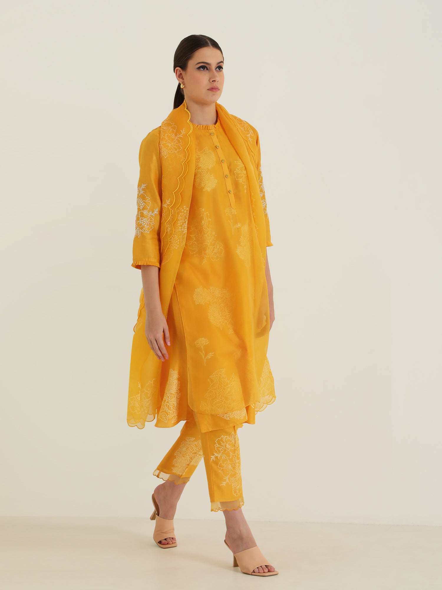 PRINTED MUSTARD DOUBLE LAYER TUNIC WITH EMBROIDERY & PRINTED SLIK CHANDERI PANT