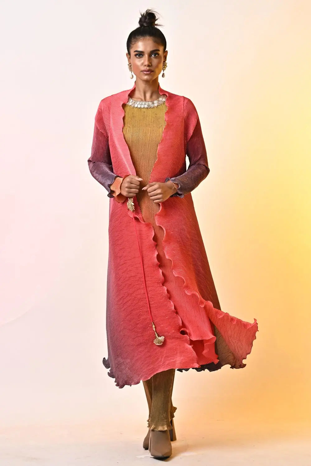Coral ombre pleated angrakha
