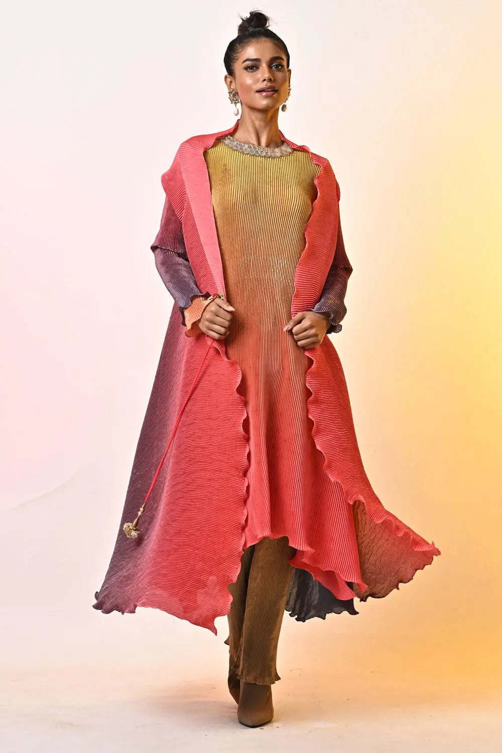 Coral ombre pleated angrakha