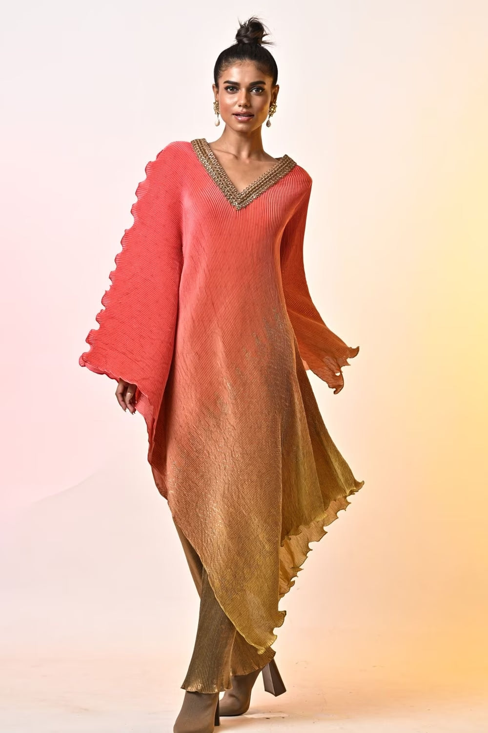 Coral ombre hand embellished kaftan