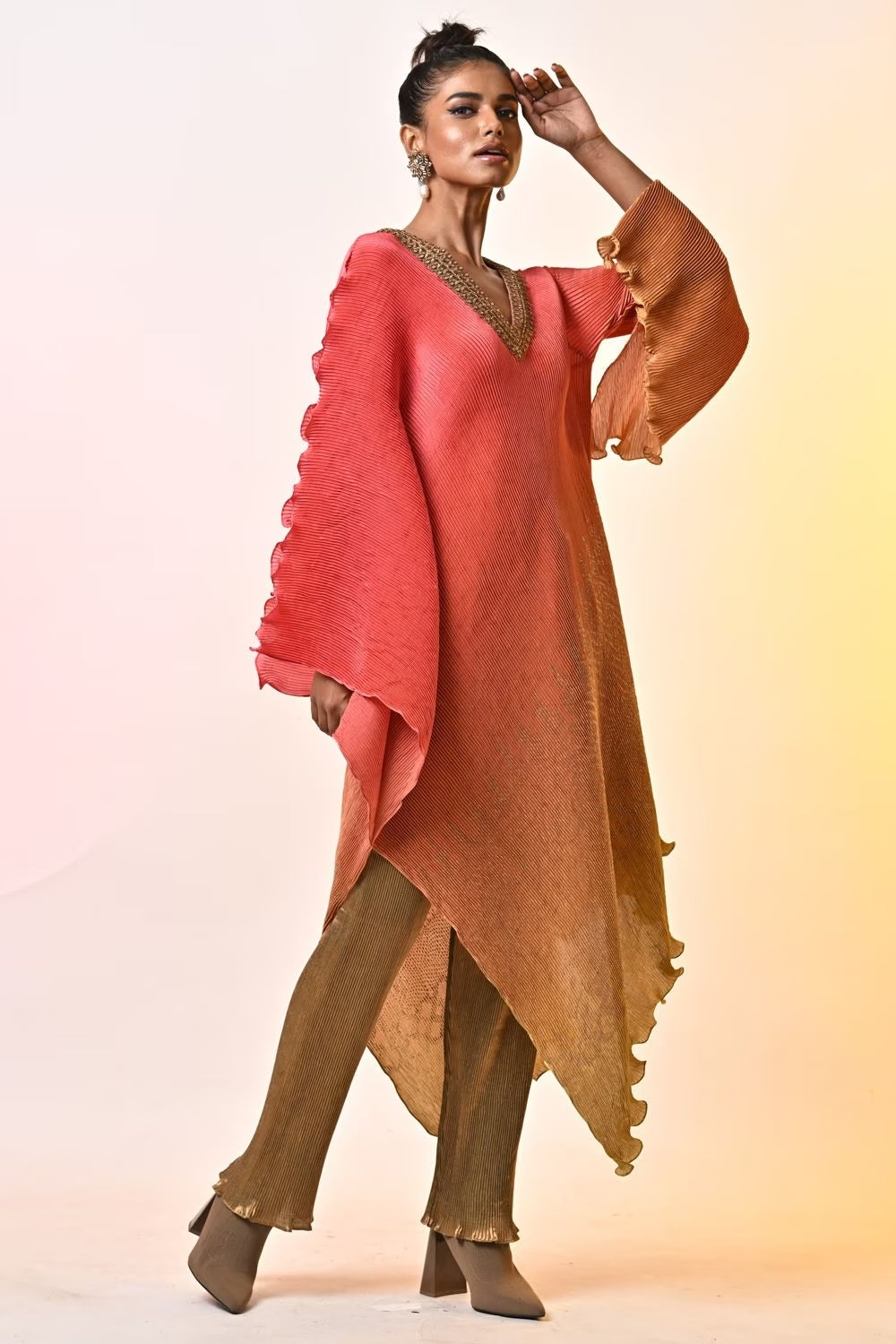 Coral ombre hand embellished kaftan