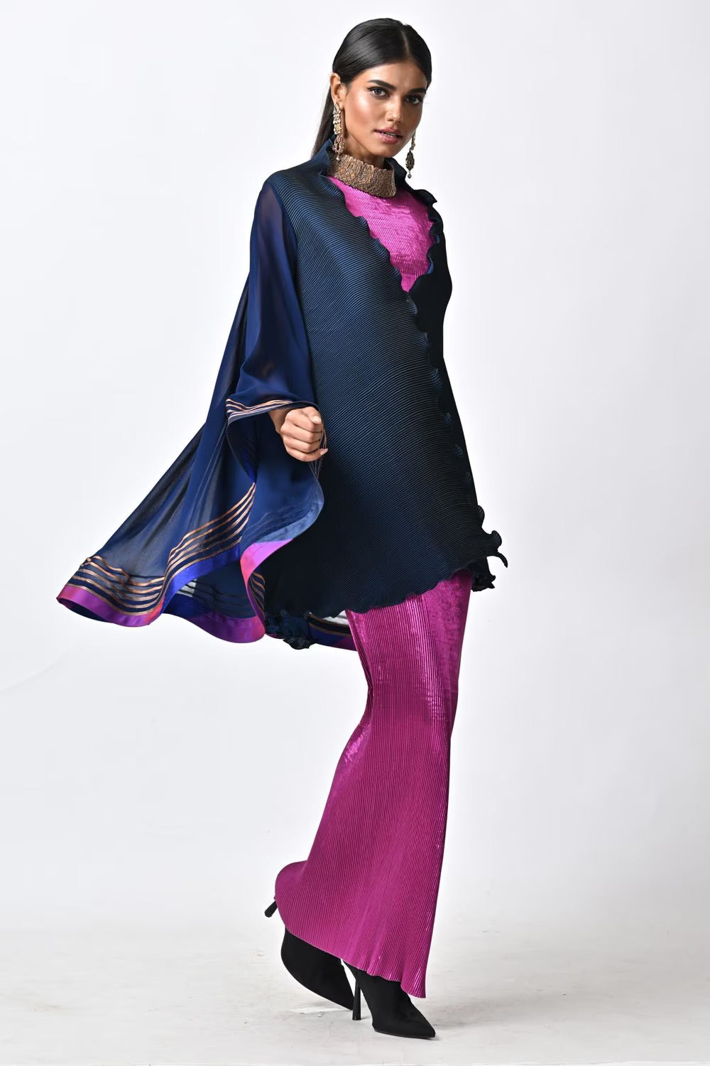 Navy pleated wrap with bell sleeves