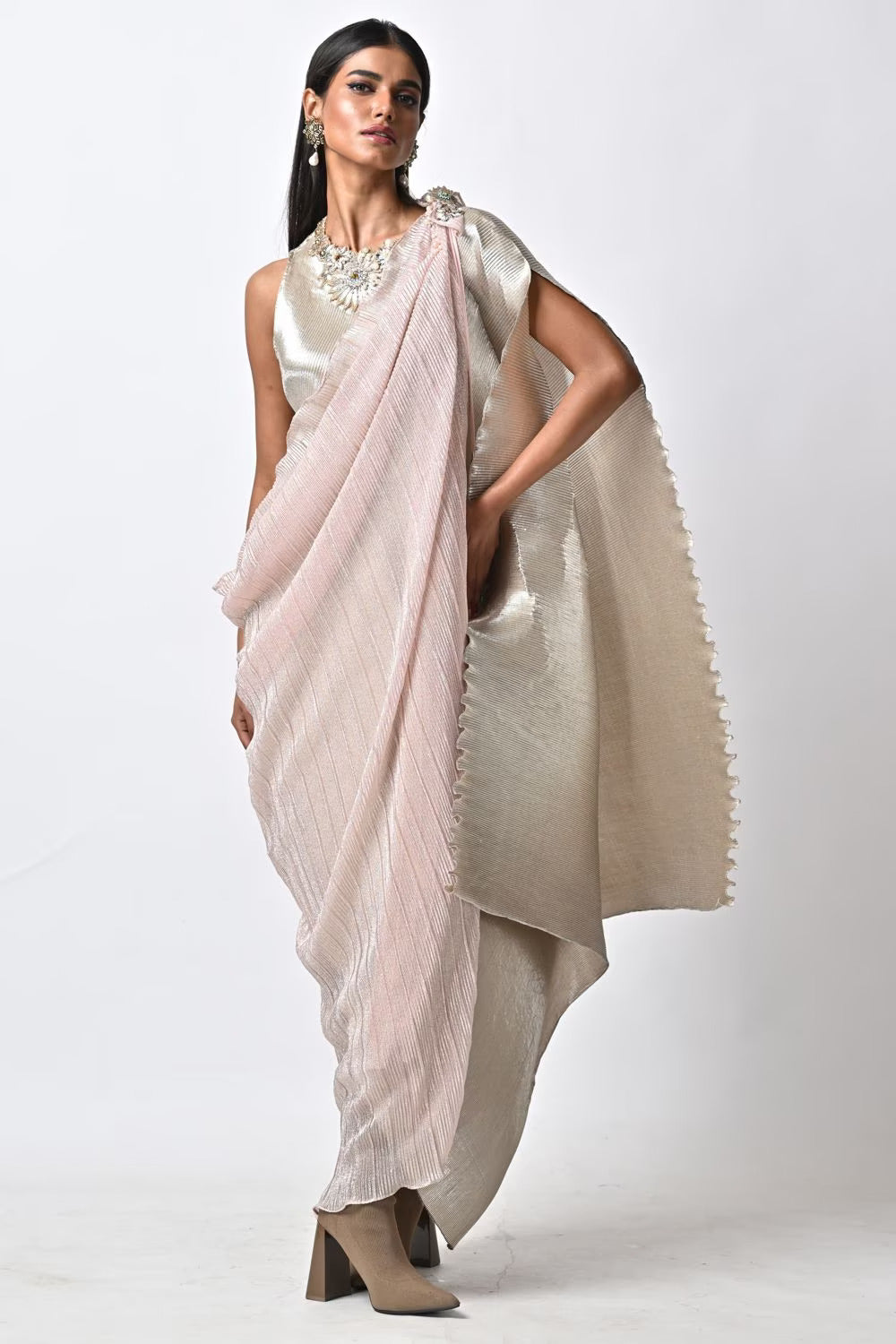 Metallic silver hand embellished pleated kaftan