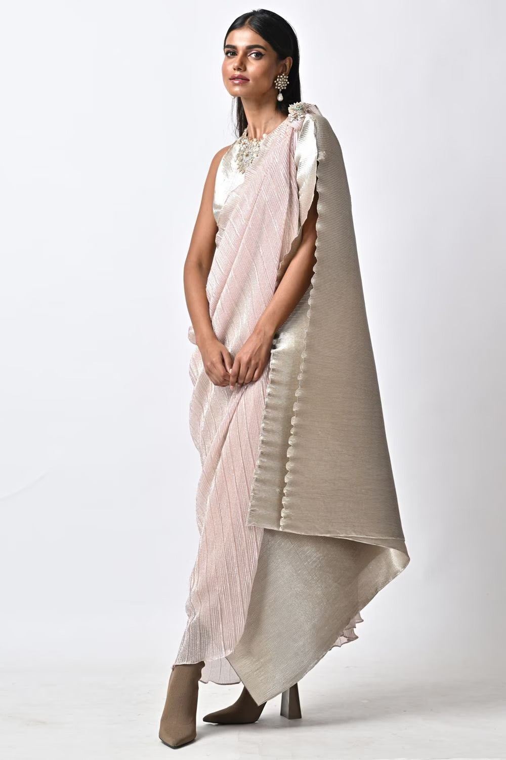Metallic silver hand embellished pleated kaftan