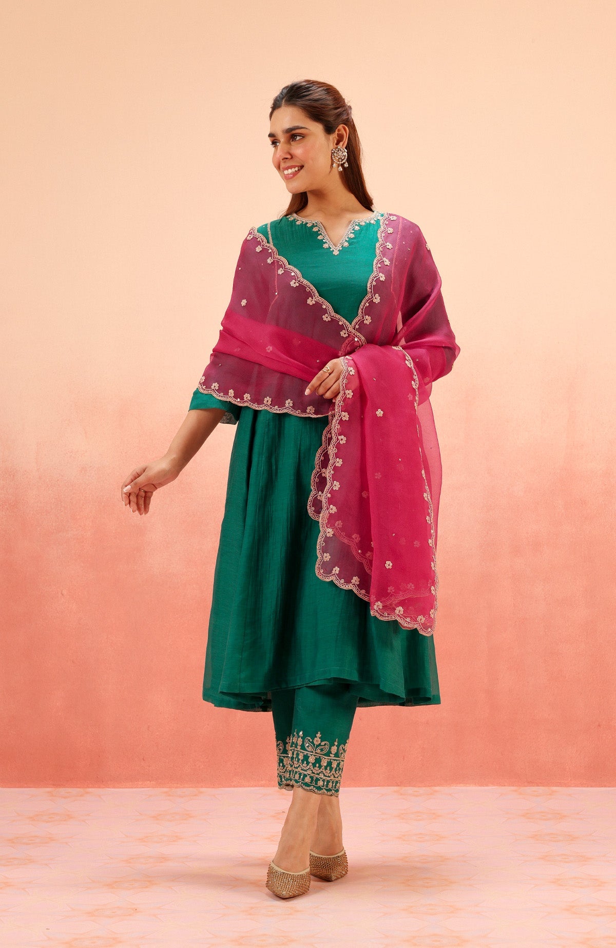 SAMIYA GREEN COTTON SILK CHANDERI EMBROIDERED HANDCRAFTED KURTA SET