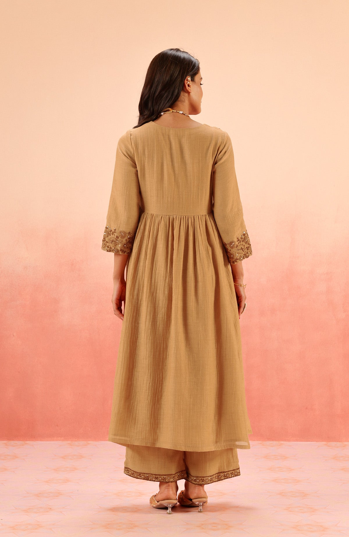 TARINI BROWN COTTON SILK CHANDERI EMBROIDERED HANDCRAFTED KURTA SET