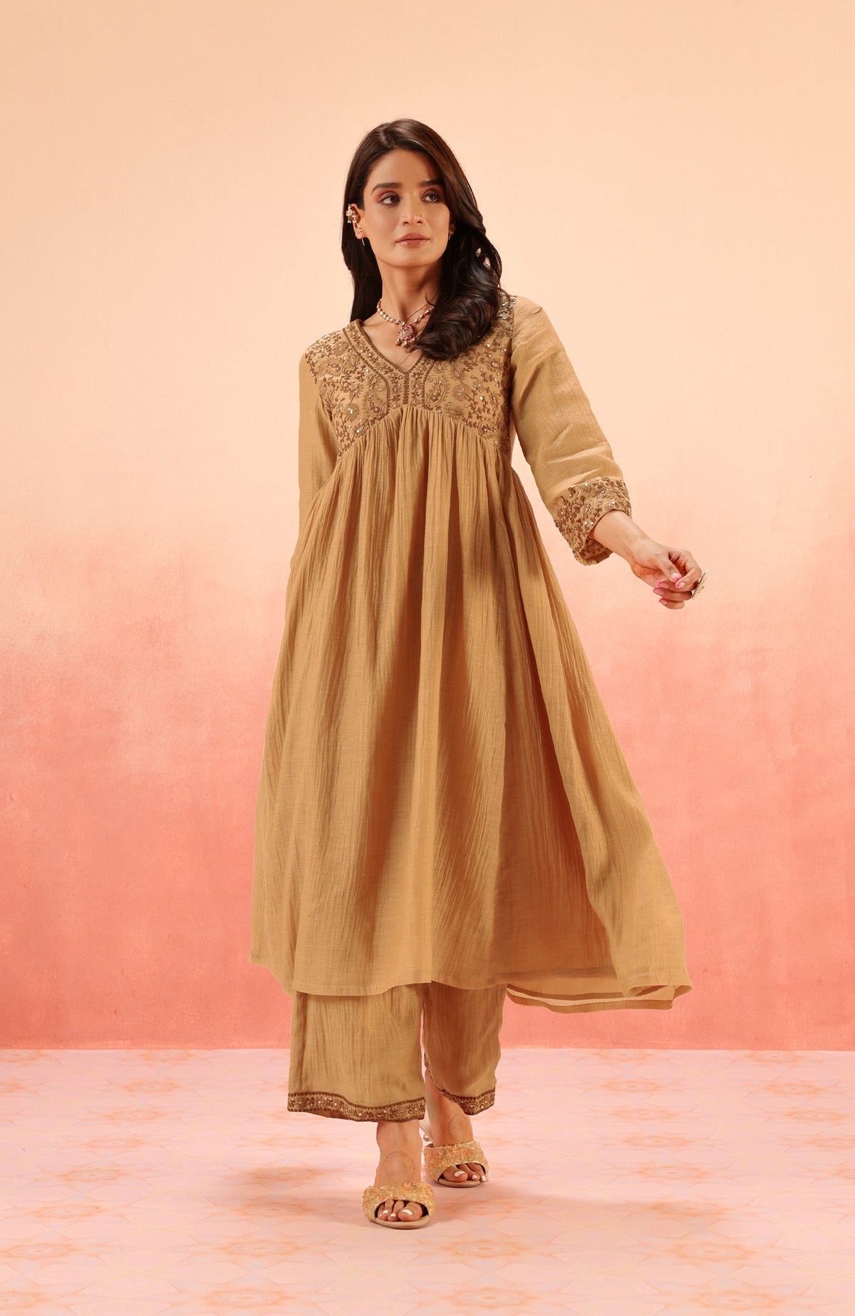 TARINI BROWN COTTON SILK CHANDERI EMBROIDERED HANDCRAFTED KURTA SET