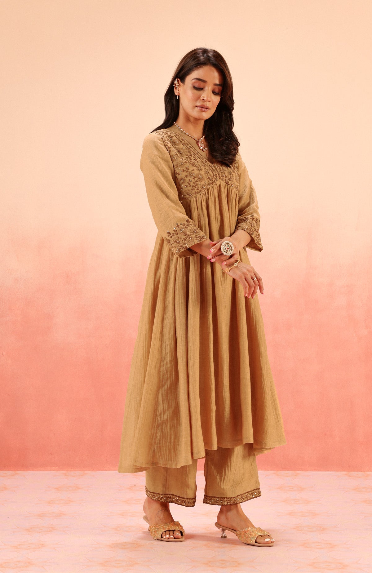 TARINI BROWN COTTON SILK CHANDERI EMBROIDERED HANDCRAFTED KURTA SET