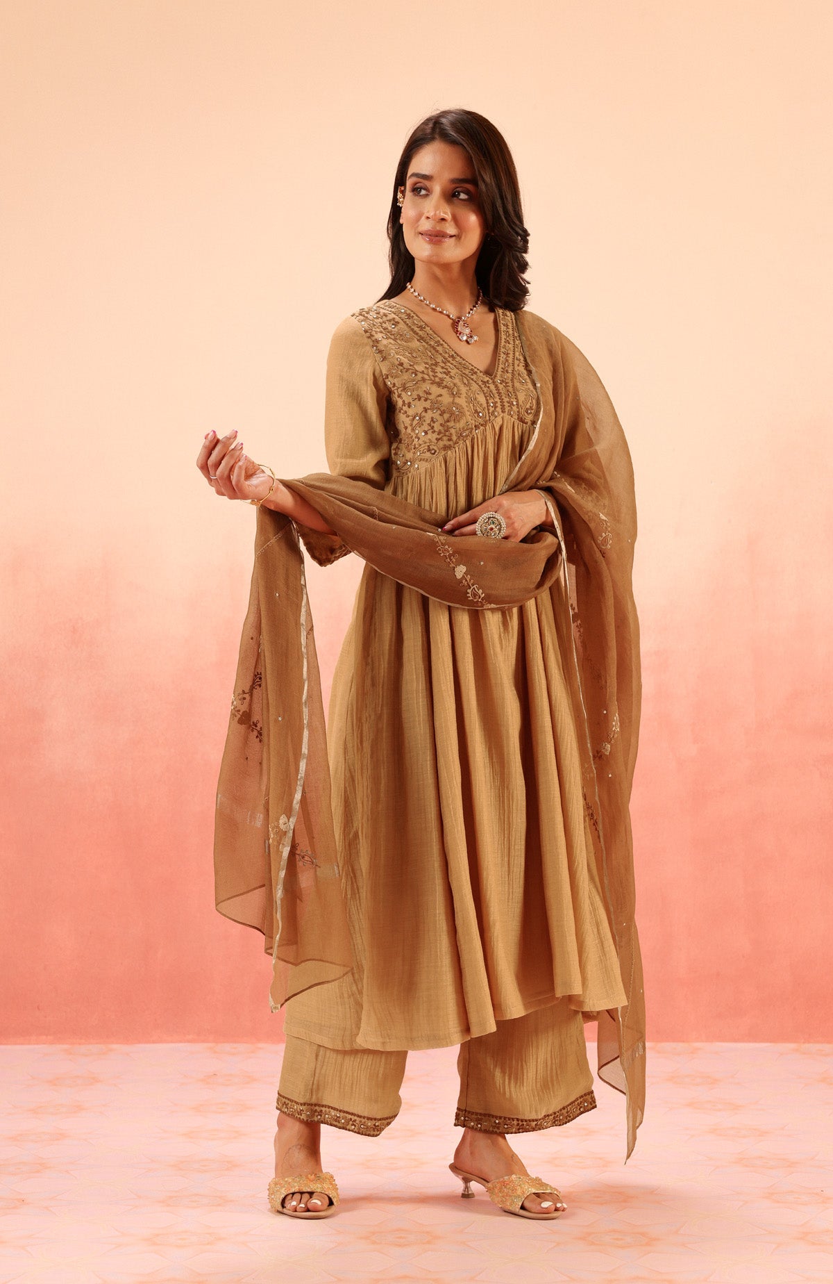 TARINI BROWN COTTON SILK CHANDERI EMBROIDERED HANDCRAFTED KURTA SET