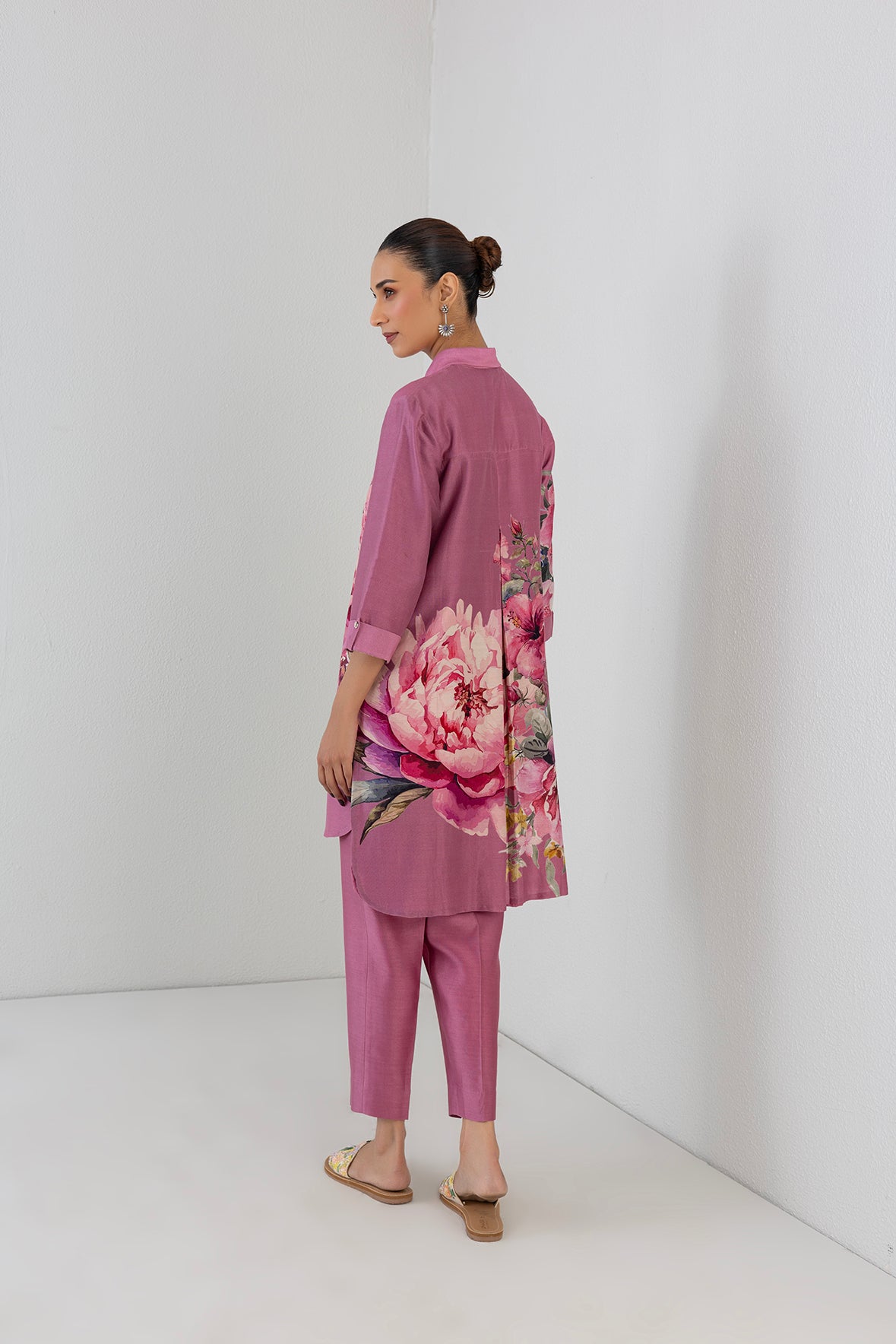 Blush Pink Silk Chanderi Peony Flower Printed Shirt