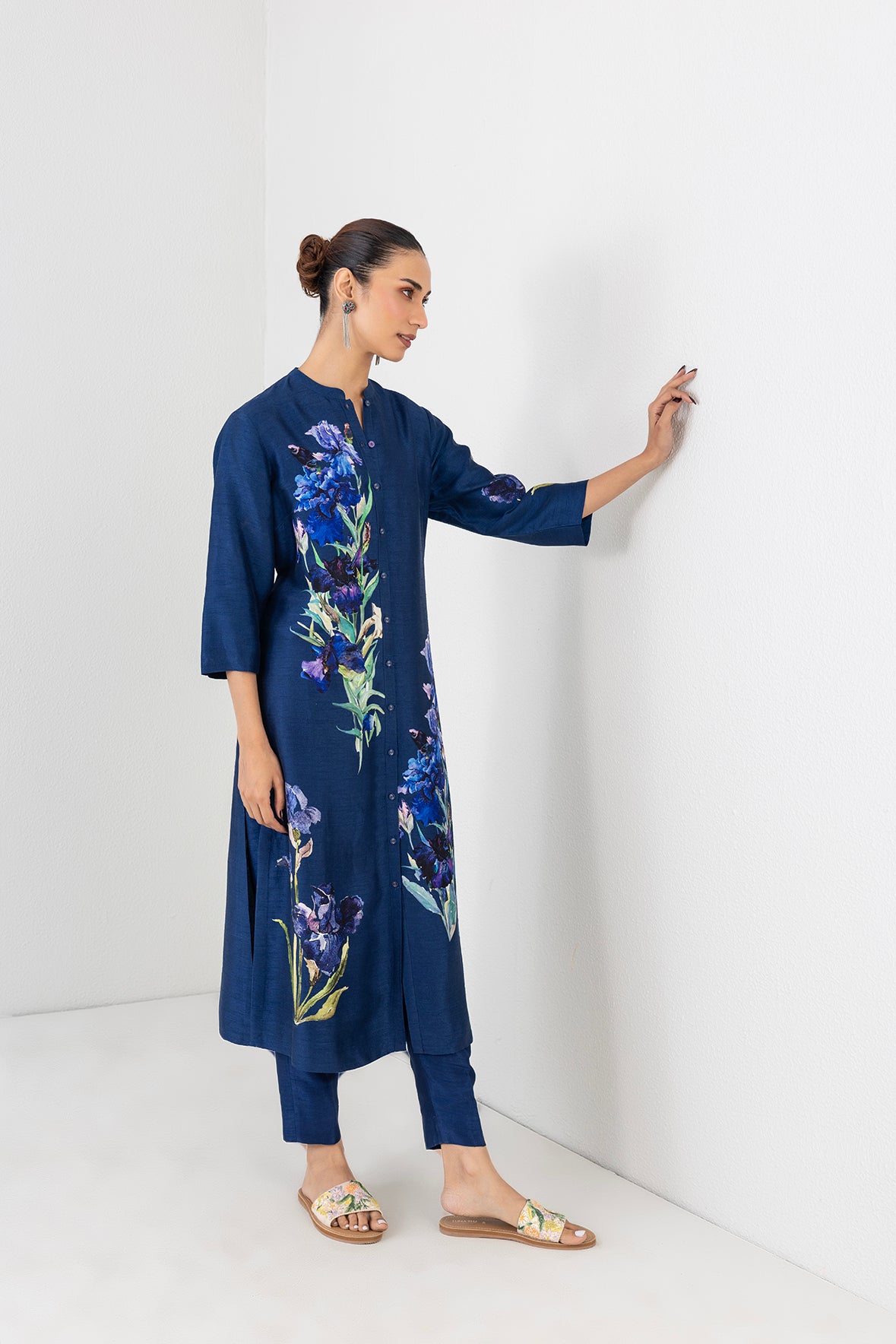 Blue Lagoon Dupion Floral Buta Printed Tunic