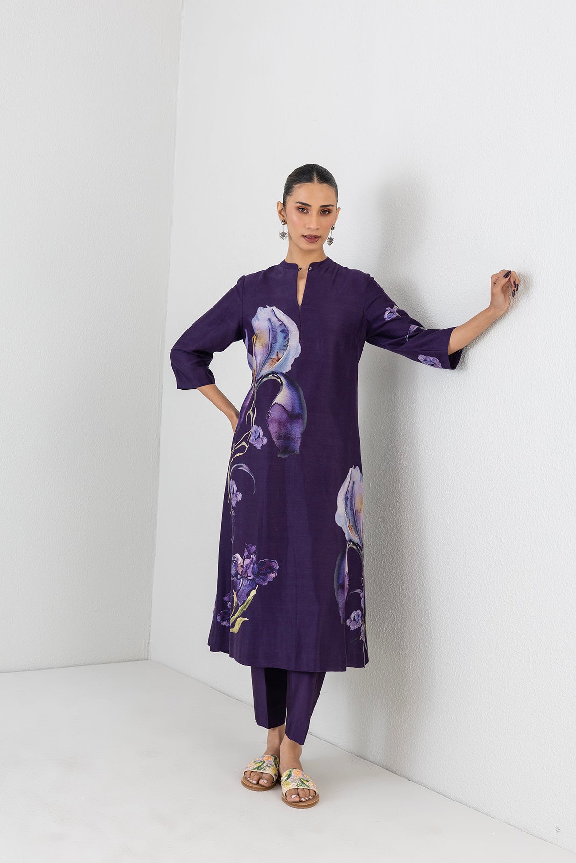 Violet Abyss Silk Chanderi Iris Lily Printed Tunic