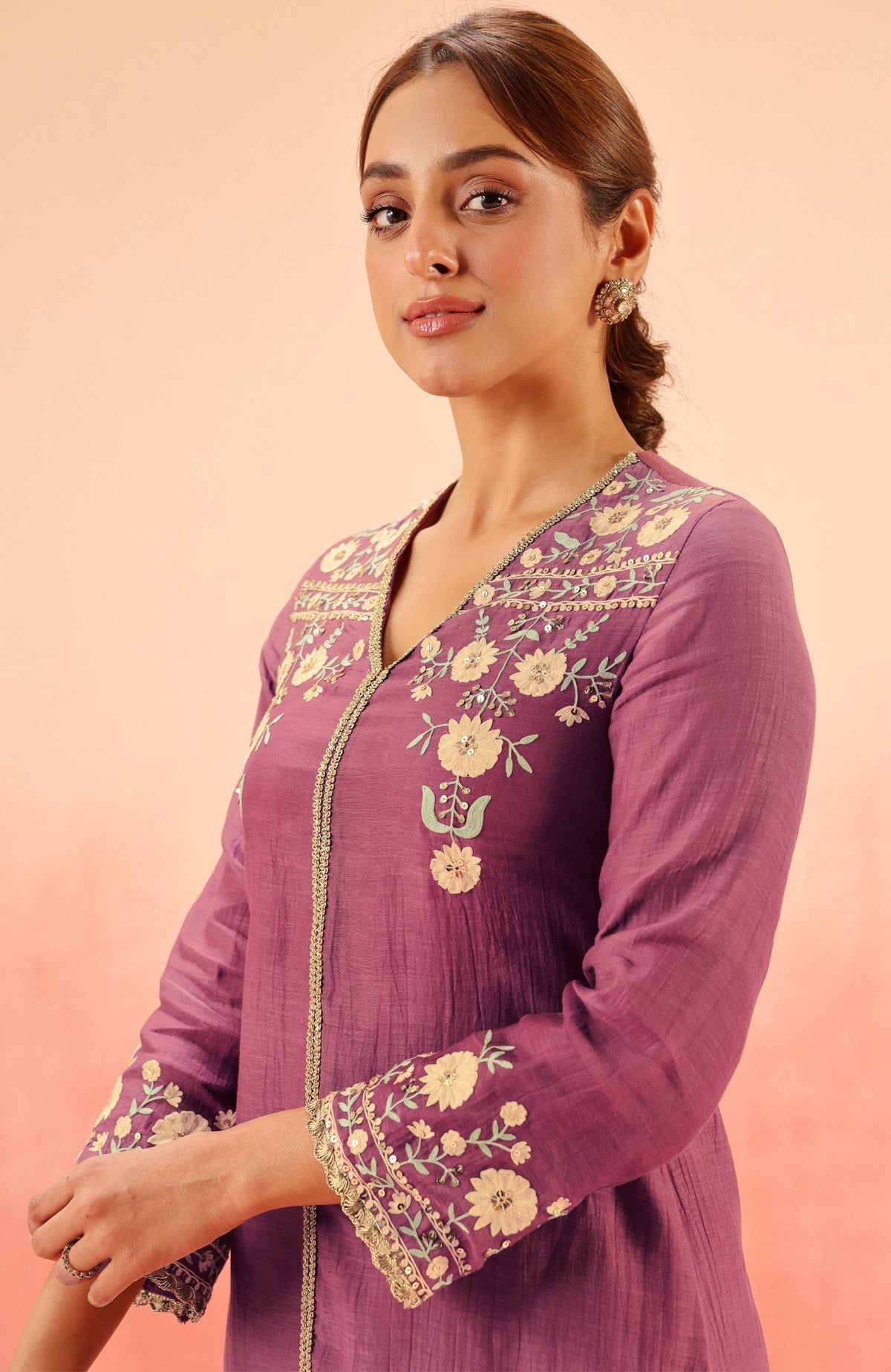 MOGRA PURPLE COTTON SILK CHANDERI EMBROIDERED HANDCRAFTED KURTA SET
