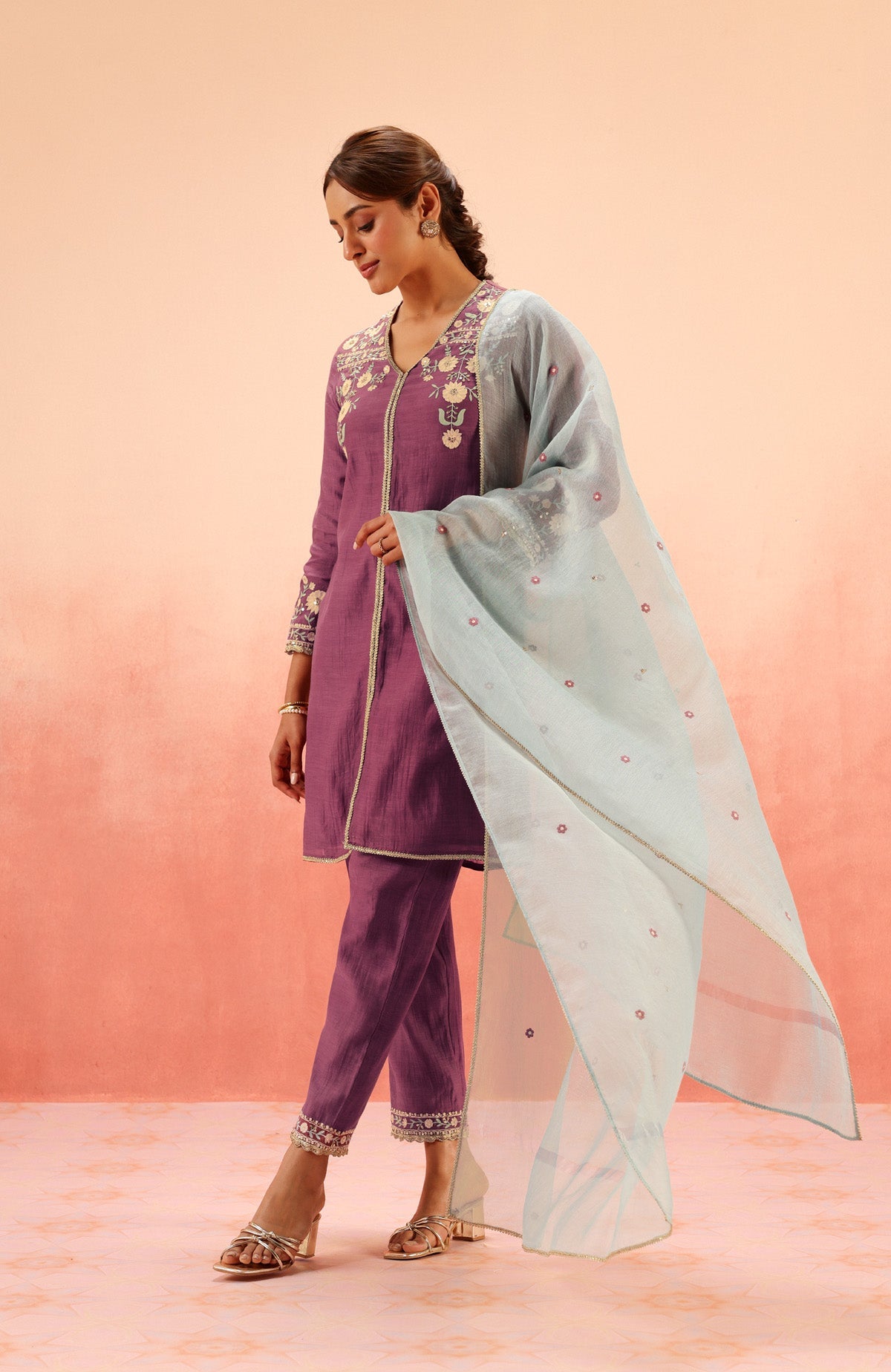 MOGRA PURPLE COTTON SILK CHANDERI EMBROIDERED HANDCRAFTED KURTA SET