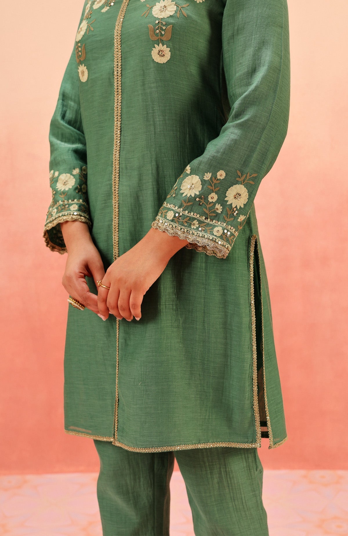 MOGRA GREEN COTTON SILK CHANDERI EMBROIDERED HANDCRAFTED KURTA SET
