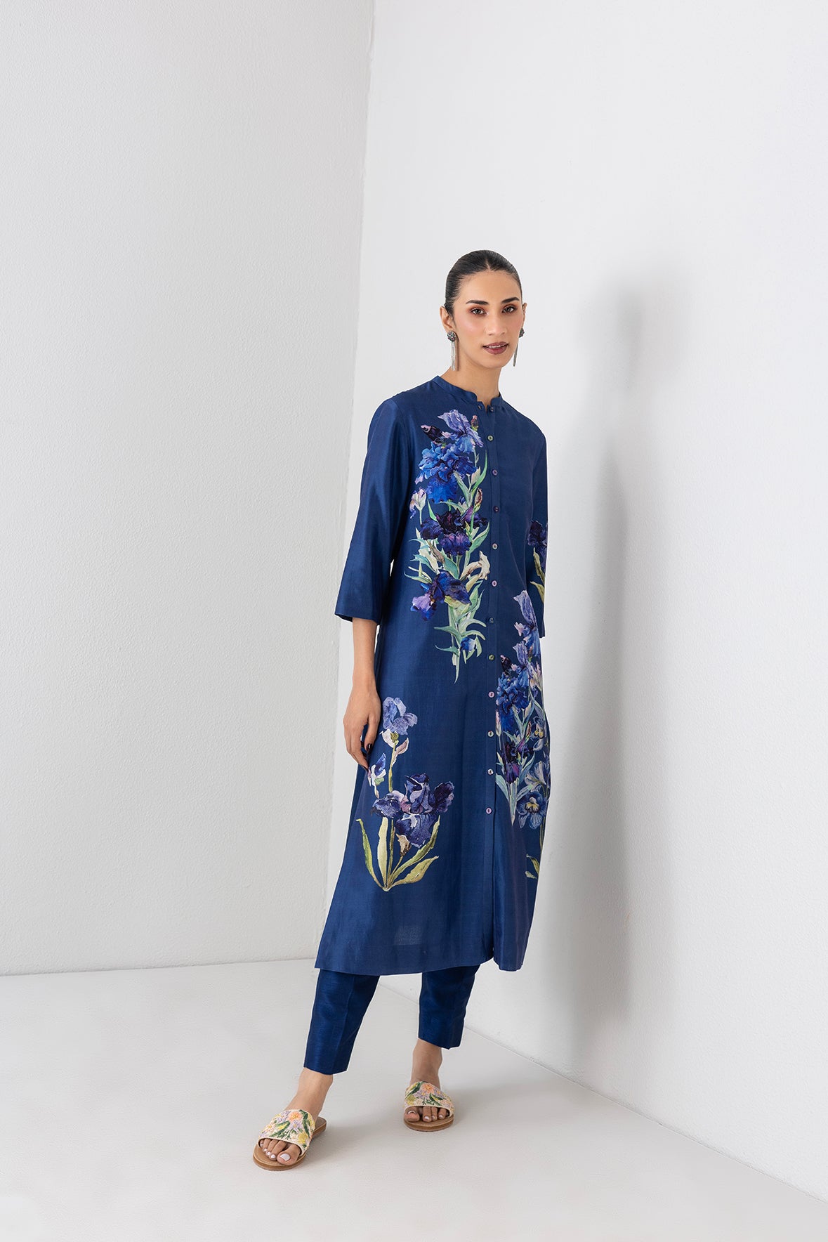 Midnight Indigo Silk Chanderi Floral Printed Tunic