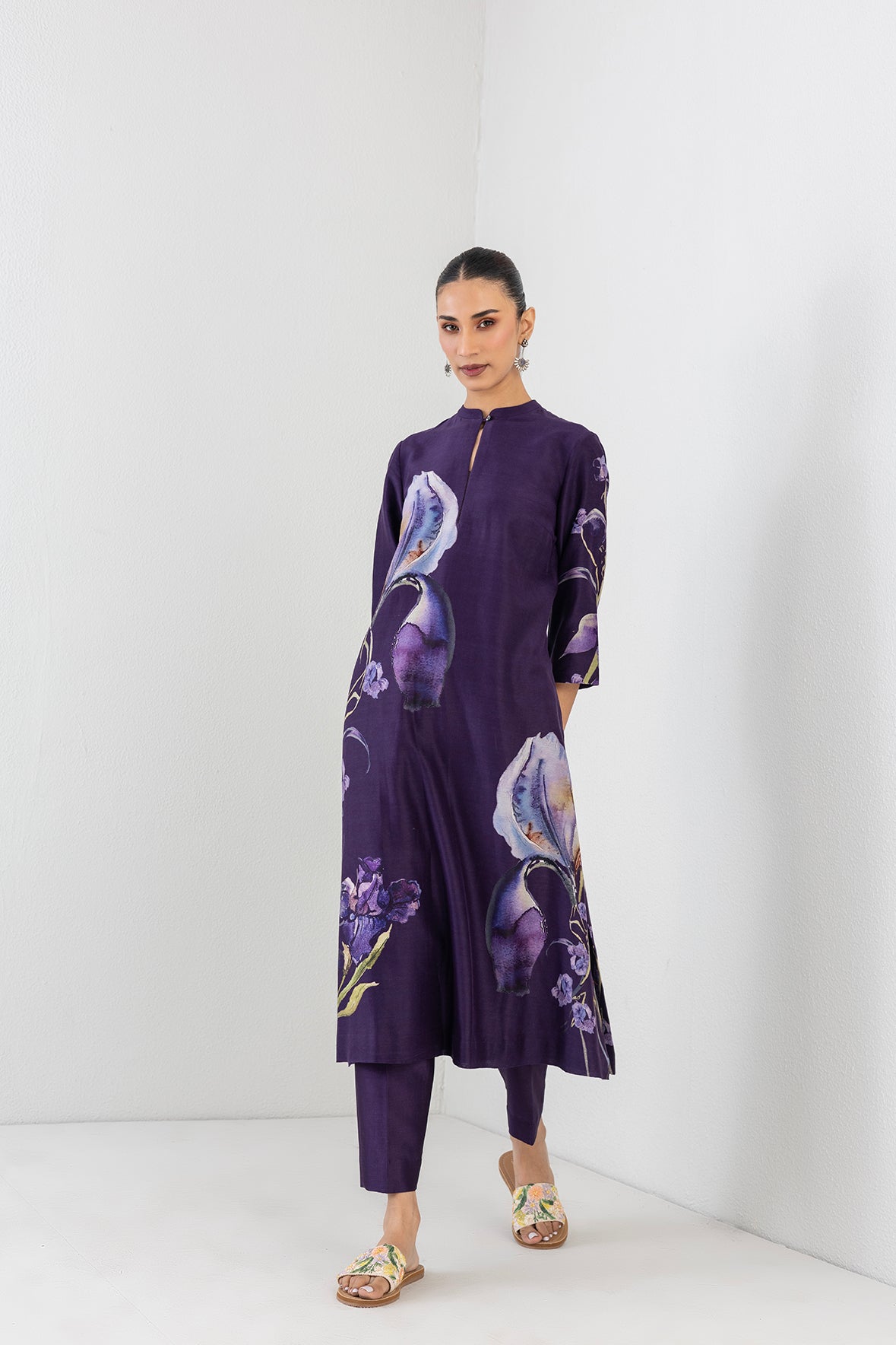 Violet Abyss Silk Chanderi Iris Lily Printed Tunic