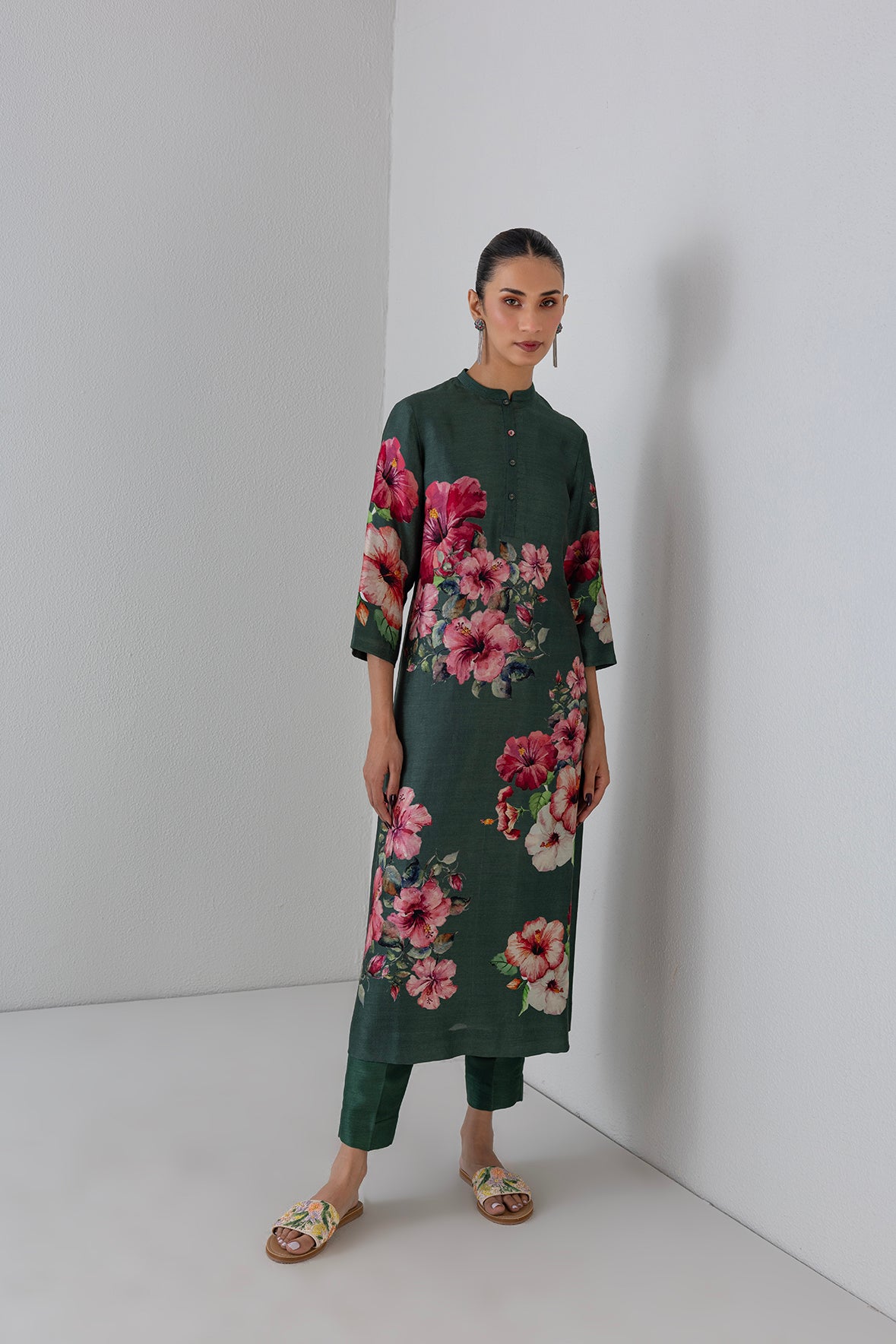 Minted Sage Dupion Hibiscus Printed Dress