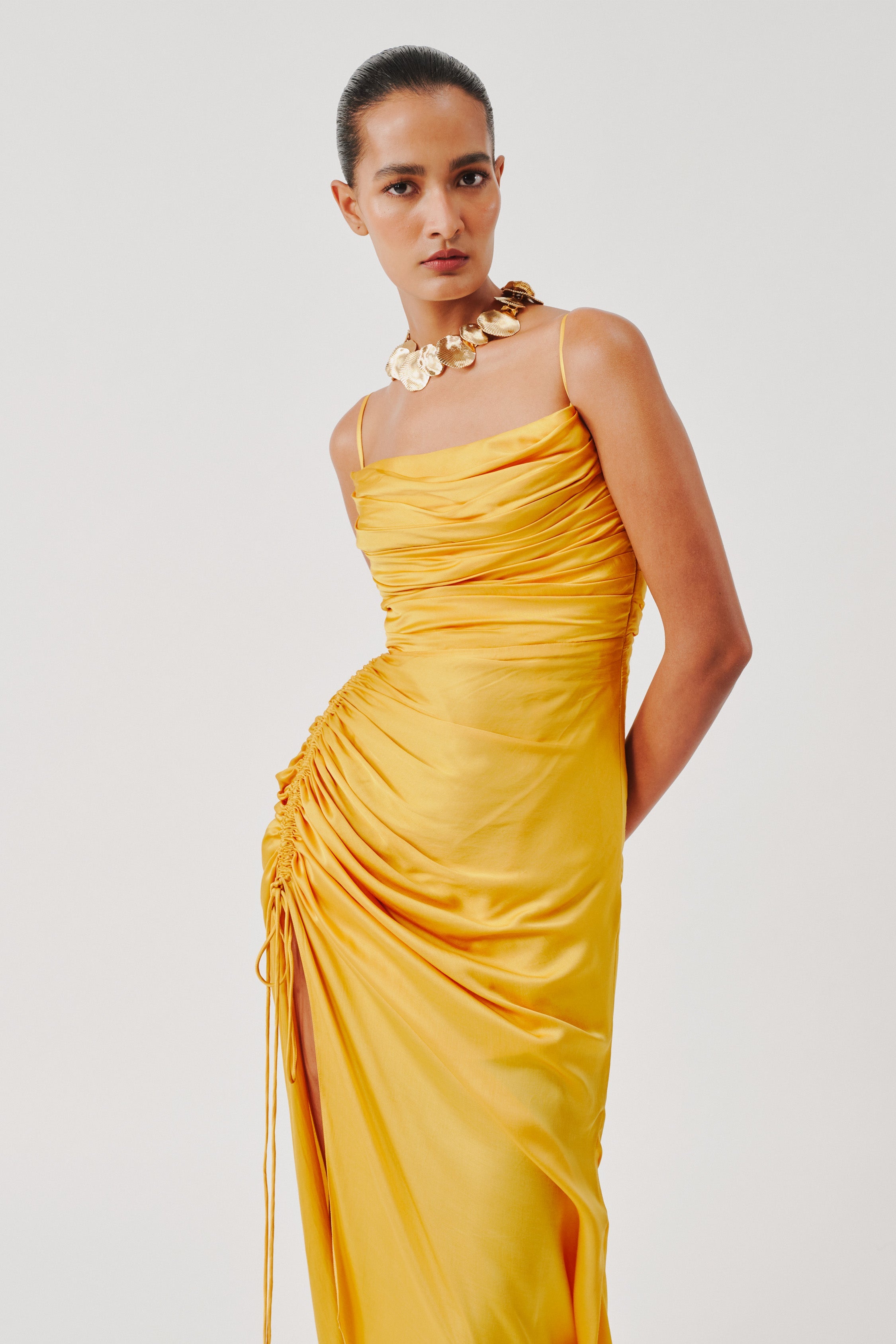 Sunny Yellow Spaghetti Drape Dress