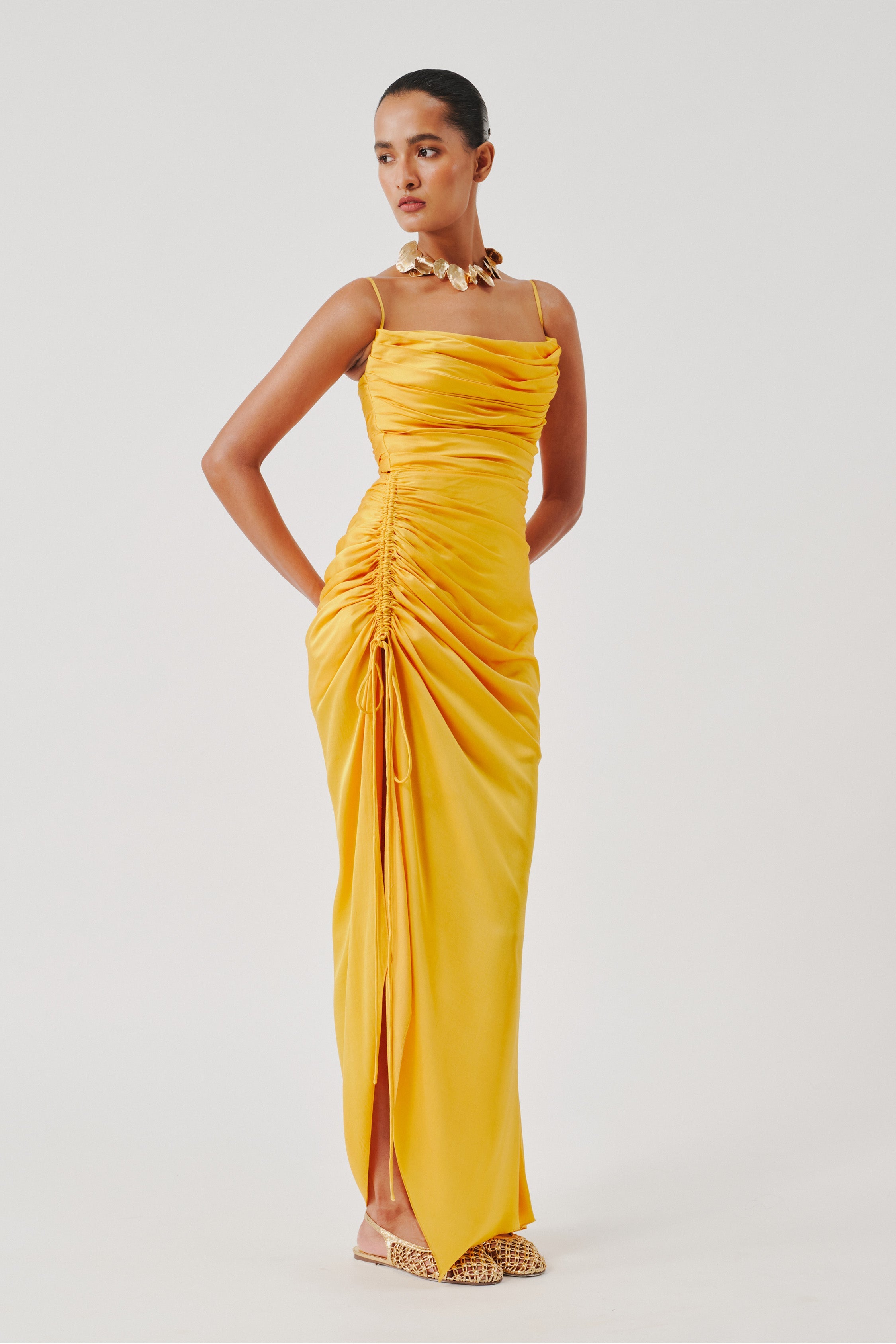 Sunny Yellow Spaghetti Drape Dress