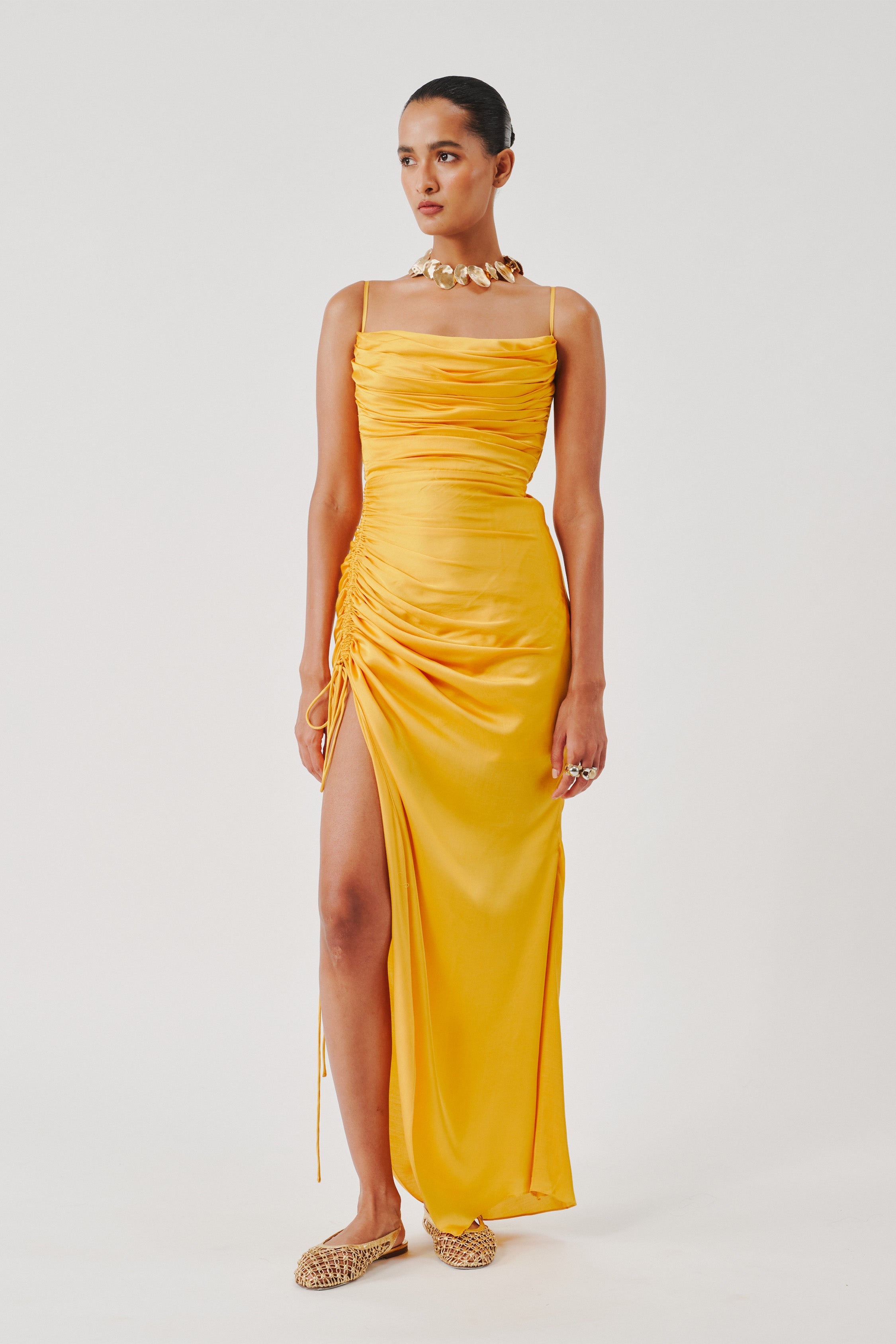 Sunny Yellow Spaghetti Drape Dress