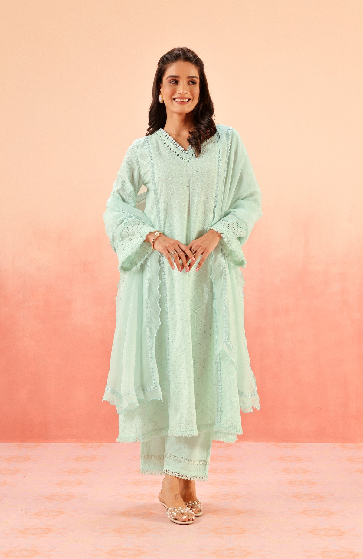 MIRA BLUE SCHIFFLI KURTA SET