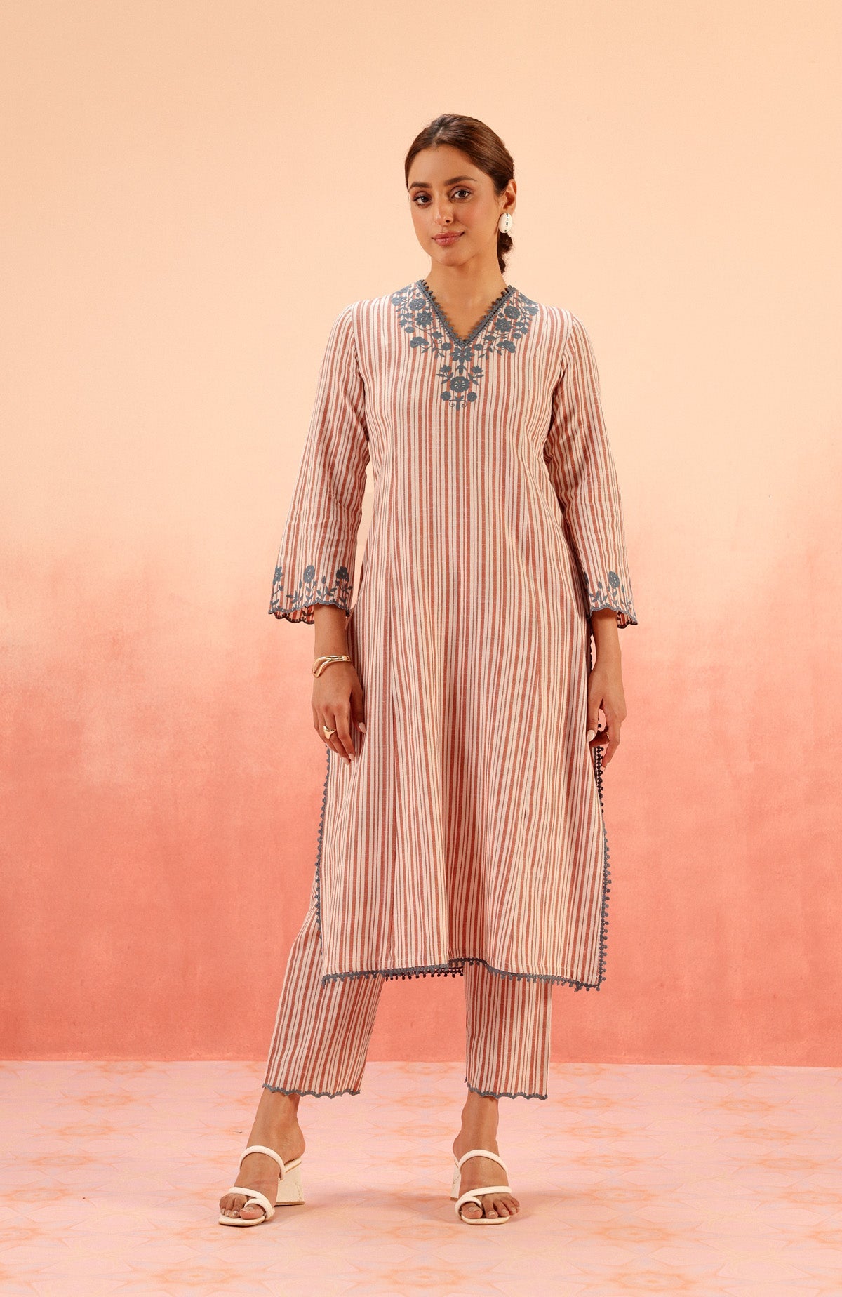 SAANJH RED COTTON YARN DYED KURTA SET