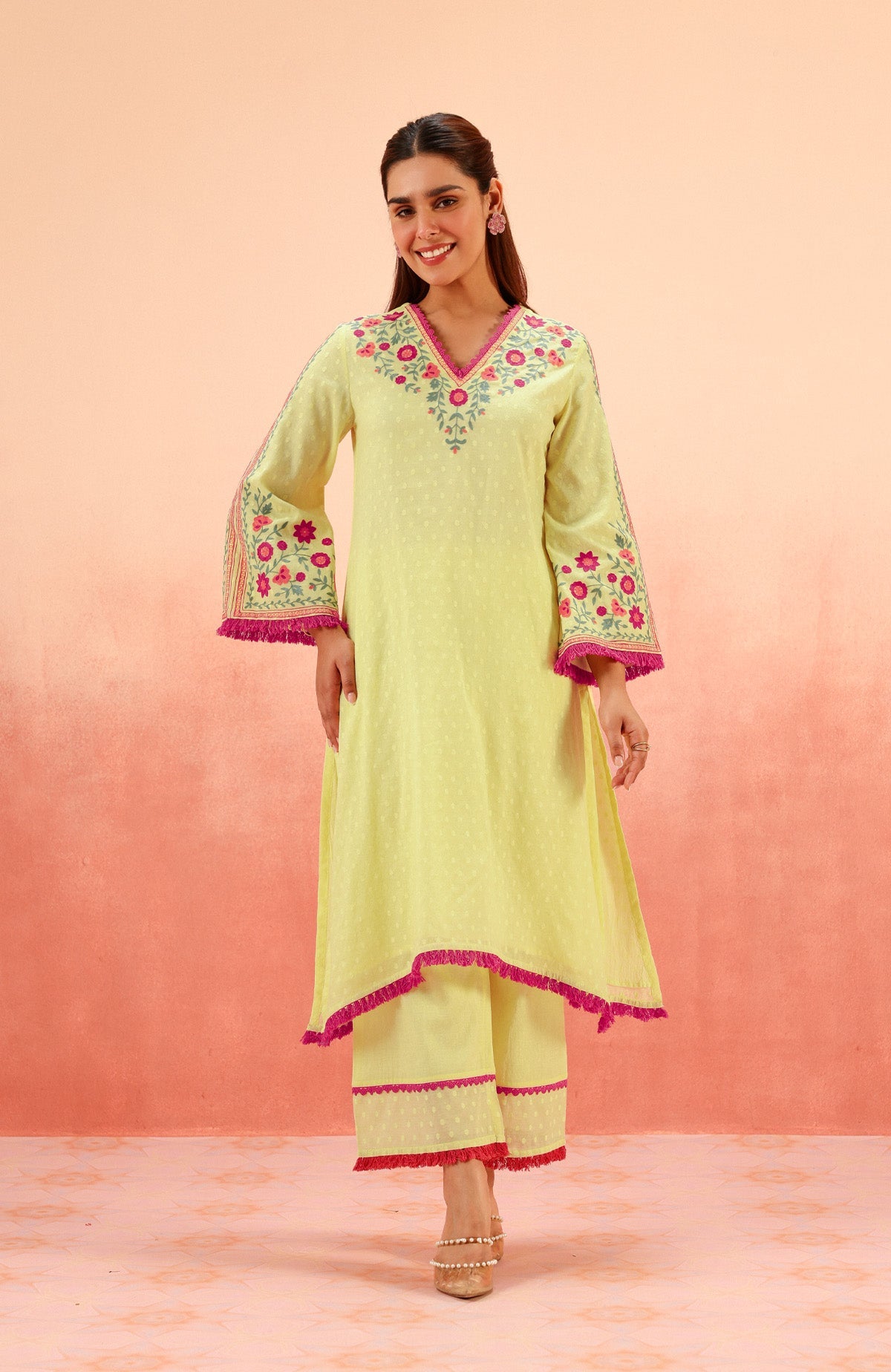 RESHM LIME JACQUARD EMBROIDERED KURTA SET