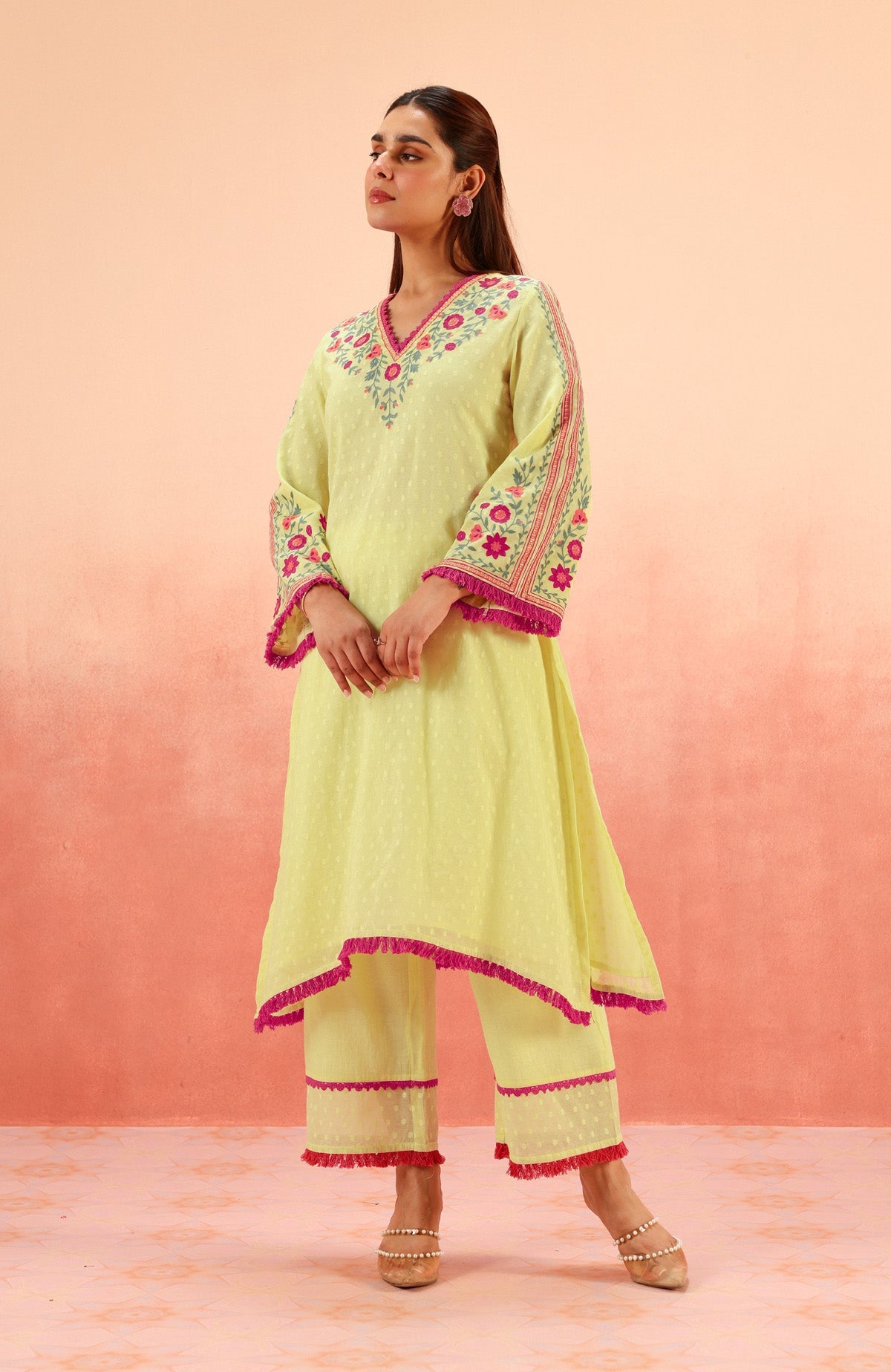 RESHM LIME JACQUARD EMBROIDERED KURTA SET