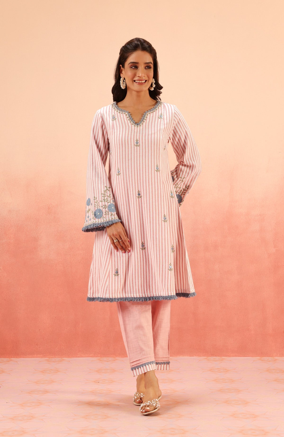 SAYA PINK EMBROIDERED YARN DYED HANDCRAFTED KURTA SET