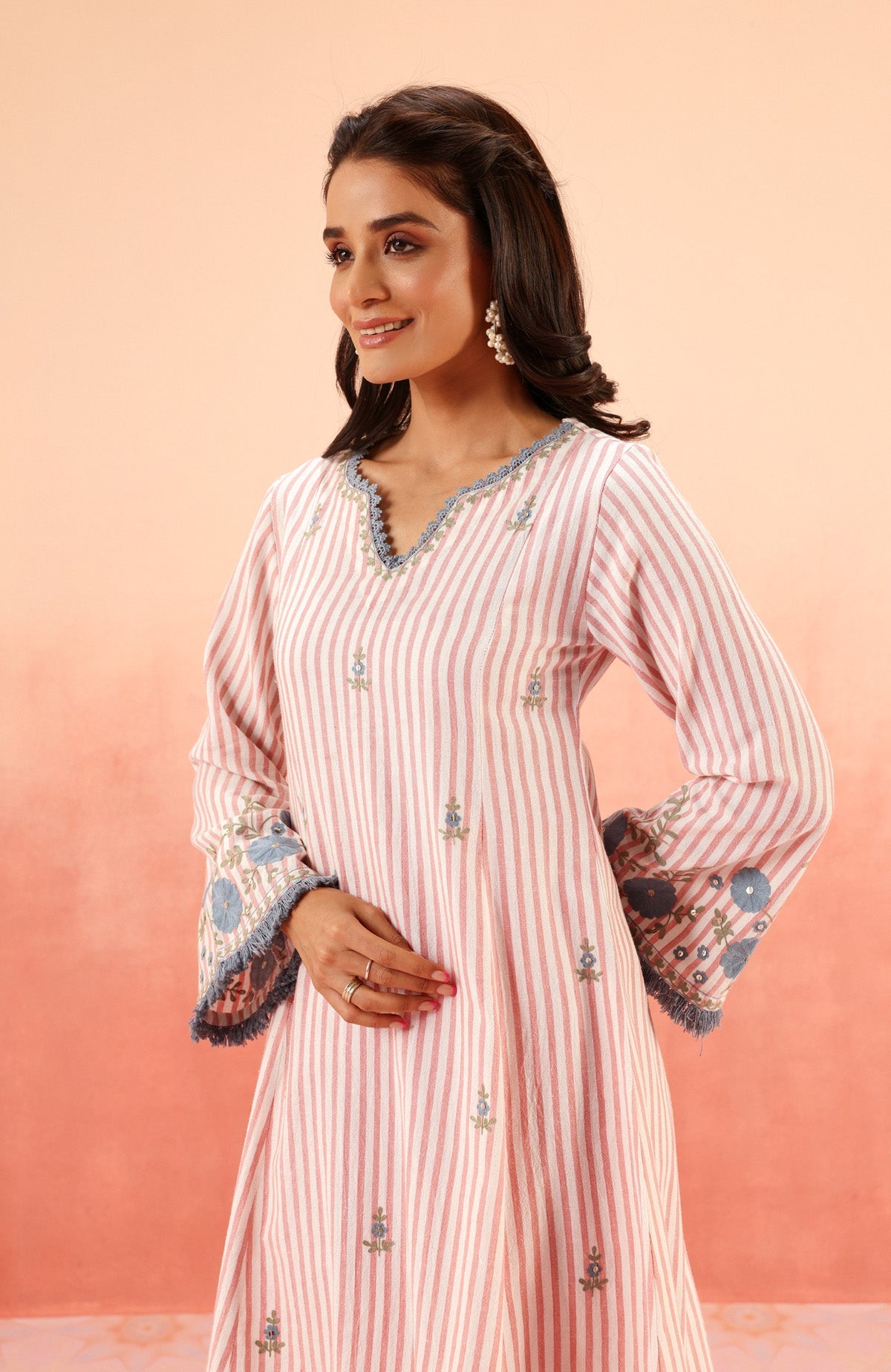 SAYA PINK EMBROIDERED YARN DYED HANDCRAFTED KURTA SET