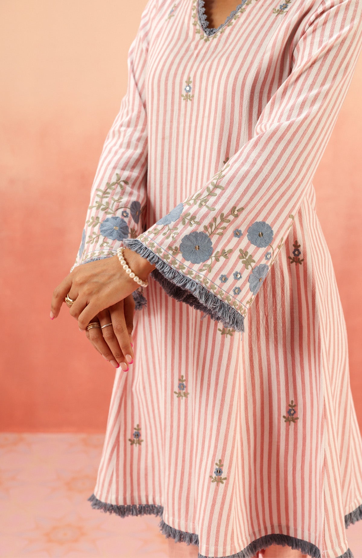 SAYA PINK EMBROIDERED YARN DYED HANDCRAFTED KURTA SET