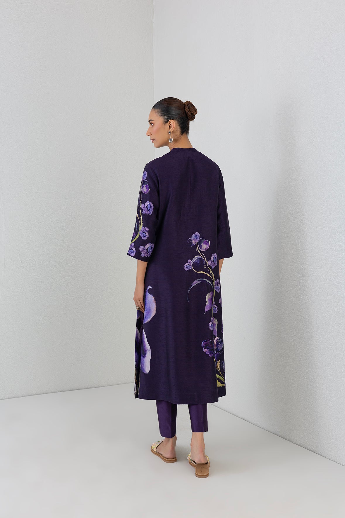 Eggplant Purple Dupion Iris Lily Printed Tunic
