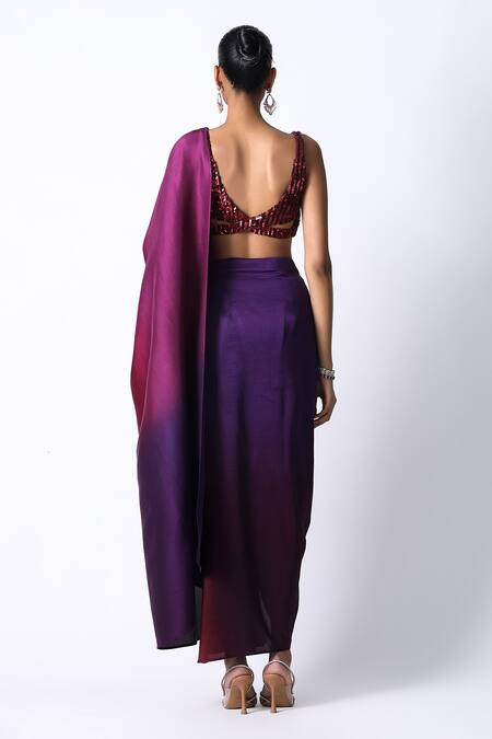 Maroon Ombre Masai Godet Pre Draped Saree With Blouse