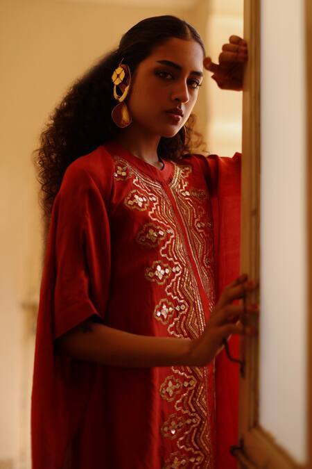 Orange Gota Hand Embroidered Kaftan